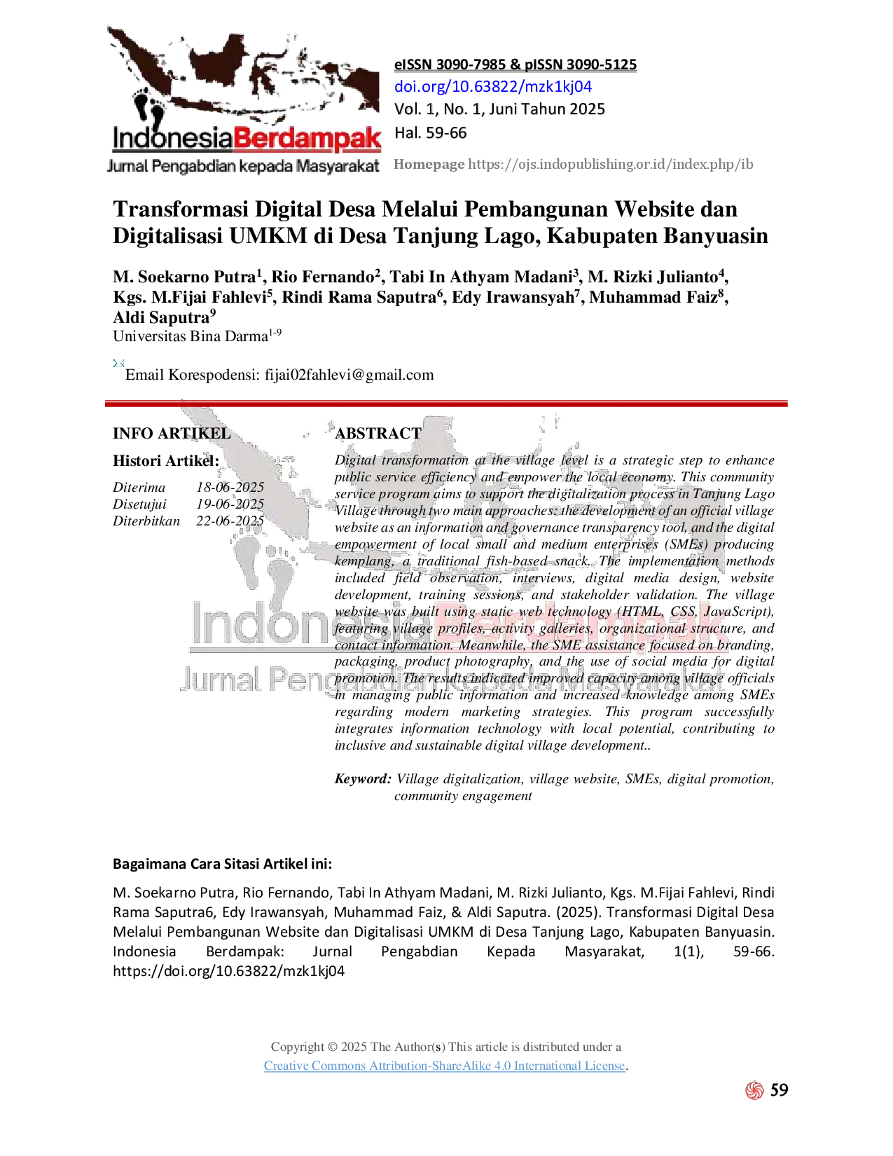 juris Transformasi Digital Desa Melalui Pembangunan Website dan Digitalisasi UMKM di Desa Tanjung Lago Kabupaten Banyuasin