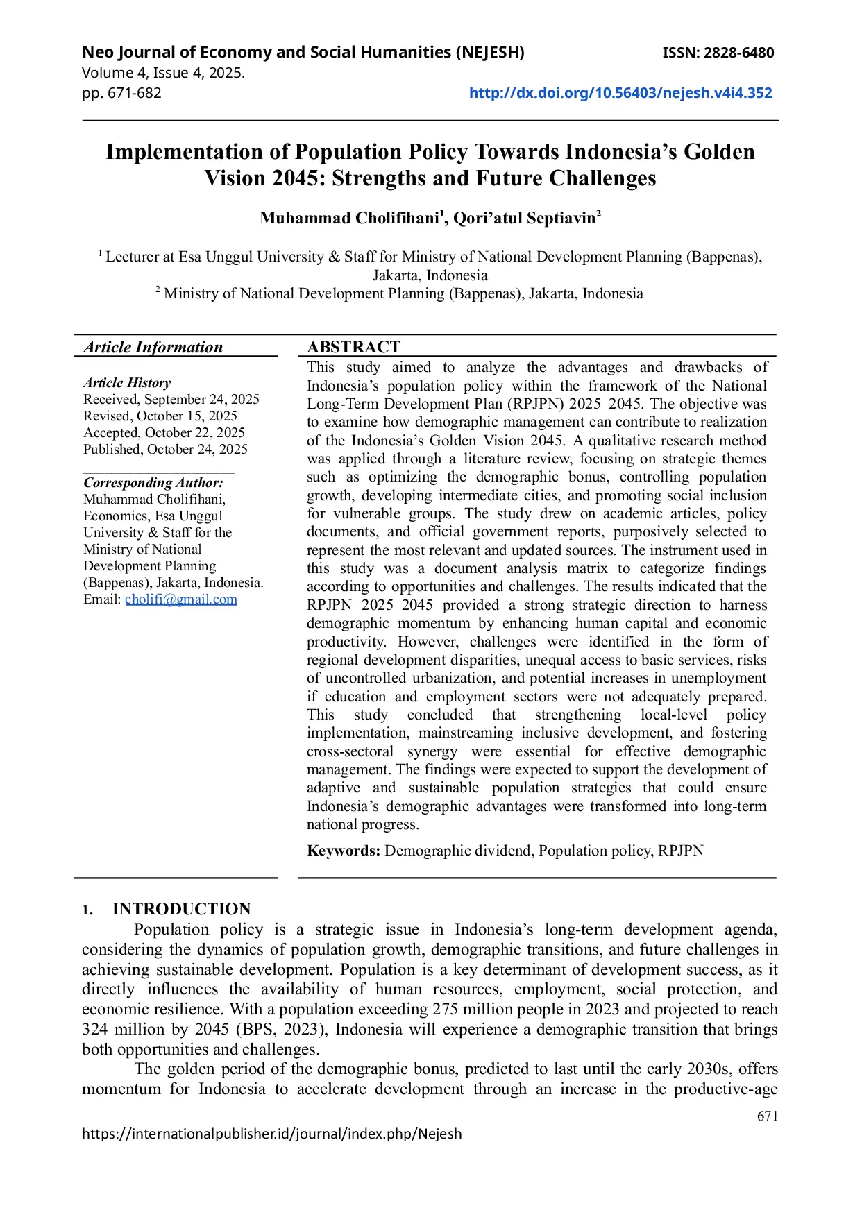 JURIS Implementasi Kebijakan Penduduk Menuju Visi Indonesia Emas 2045 Kekuatan dan Tantangan Masa Depan