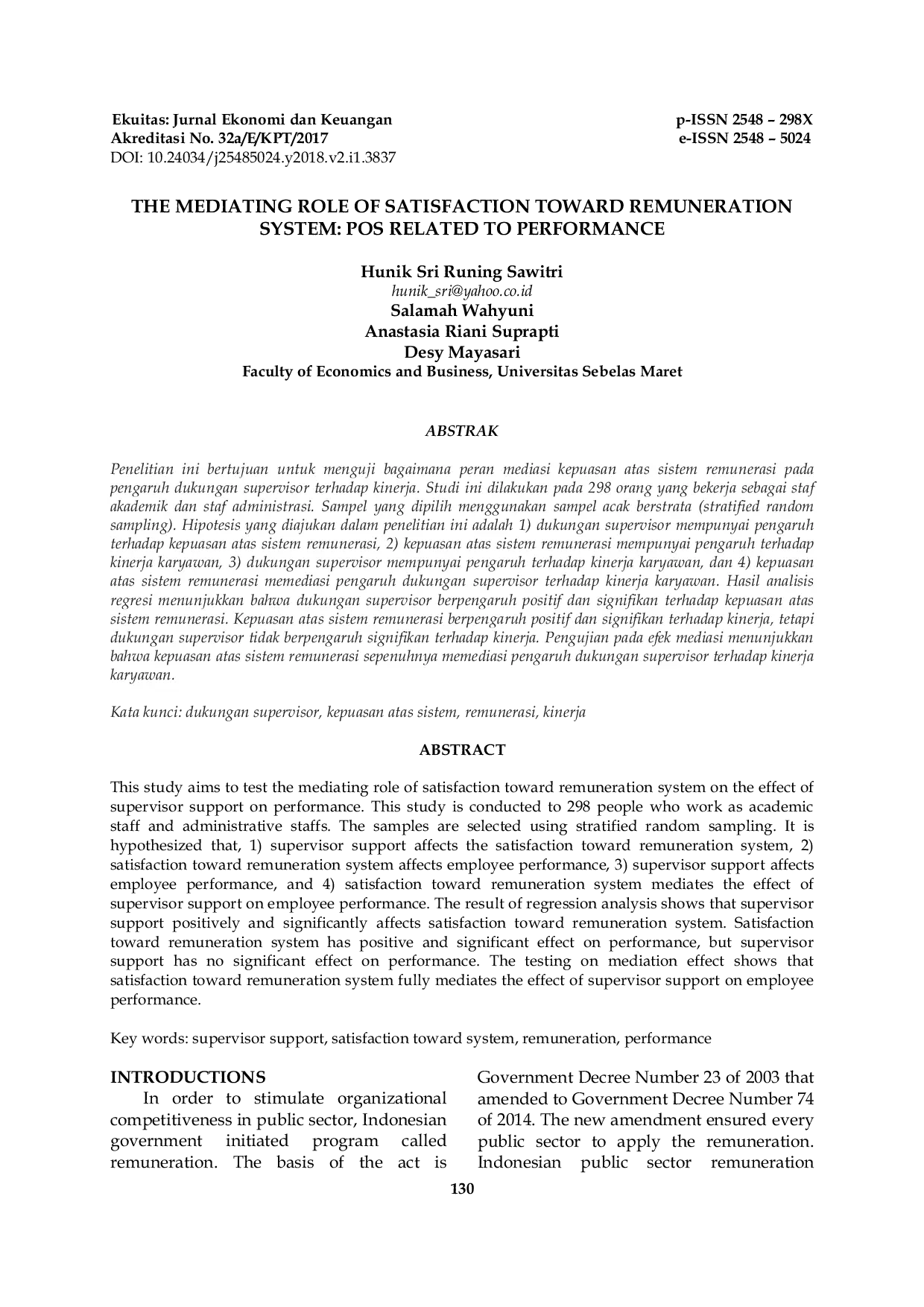 JURIS The Mediating Role of Satisfaction Toward Remuneration System POS Related to Performance