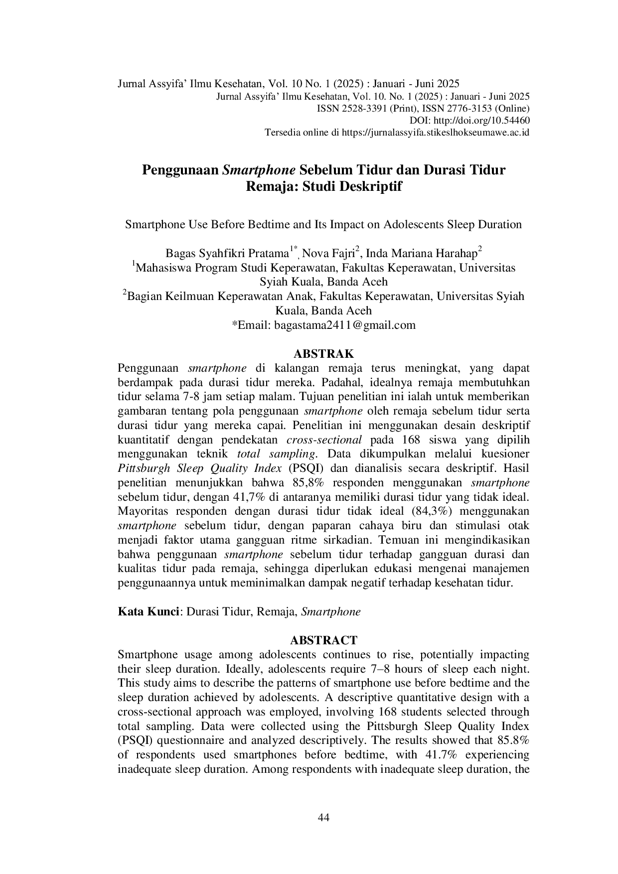 JURIS Penggunaan Smartphone Sebelum Tidur Dan Durasi Tidur Remaja Studi Deskriptif