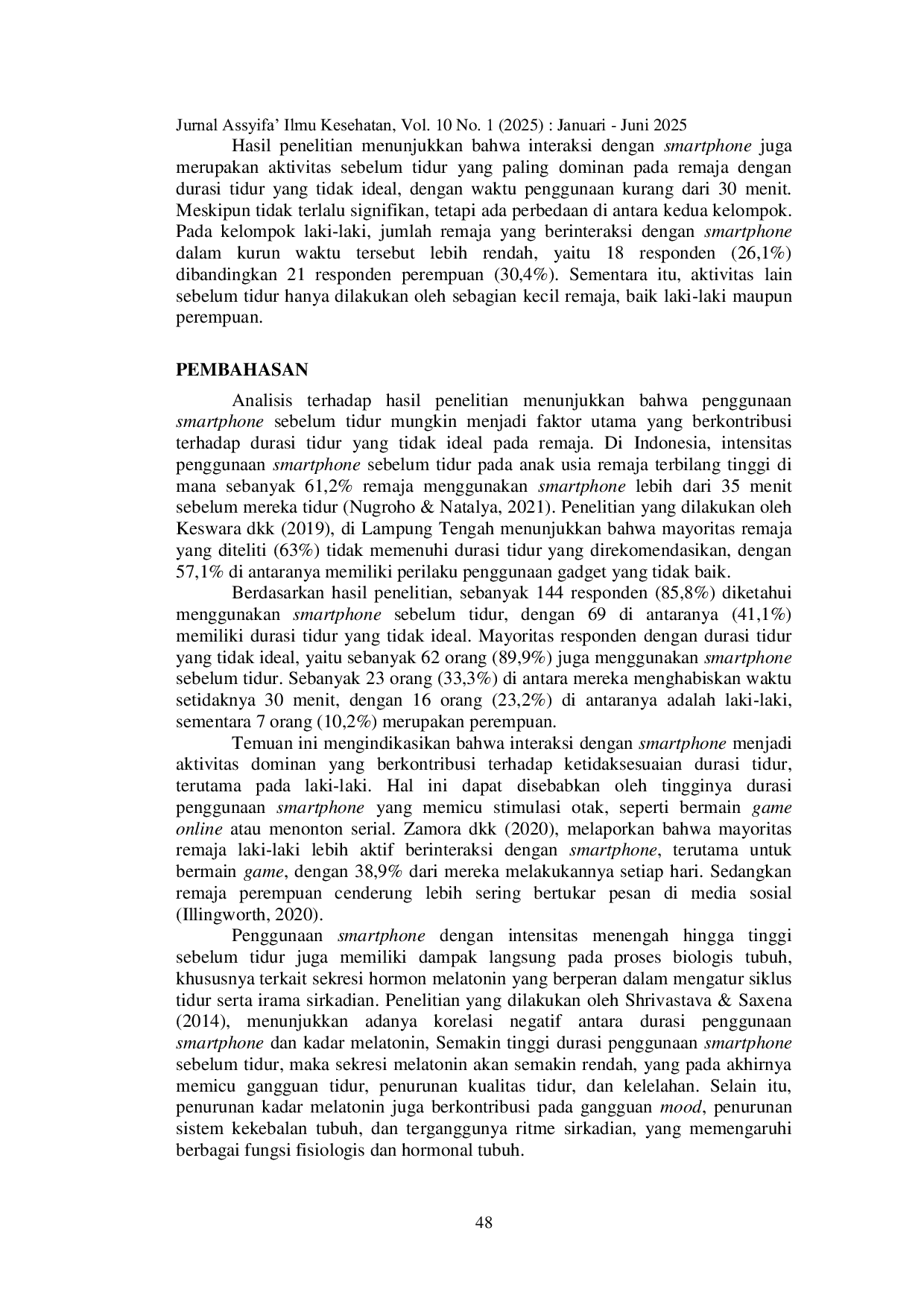 JURIS Penggunaan Smartphone Sebelum Tidur Dan Durasi Tidur Remaja Studi Deskriptif