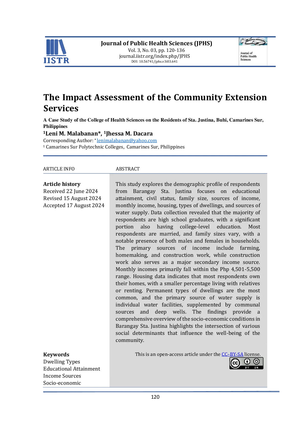 JURIS The Impact Assessment of the Community Extension Services A Case Study of the College of Health Sciences on the Residents of Sta Justina Buhi Camarines Sur Philippines