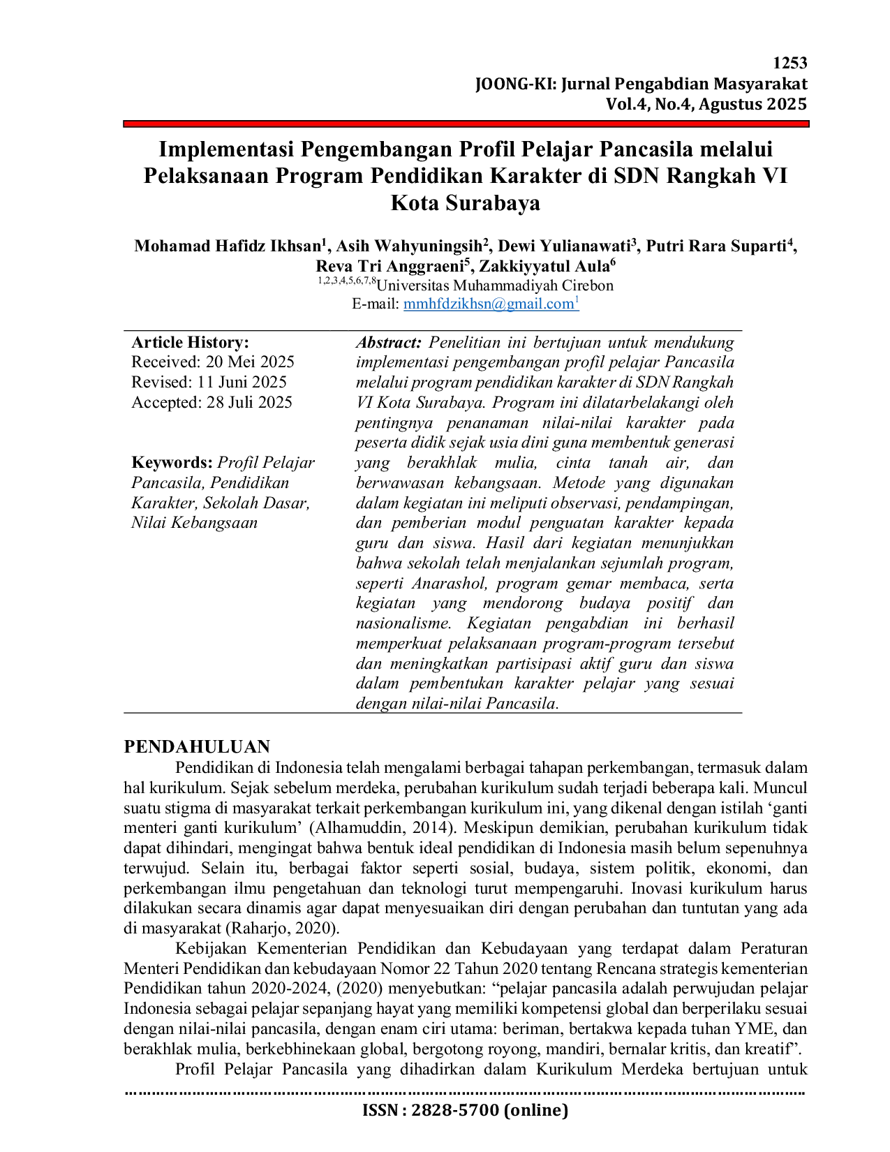 JURIS Implementasi Pengembangan Profil Pelajar Pancasila melalui Pelaksanaan Program Pendidikan Karakter di SDN Rangkah VI Kota Surabaya