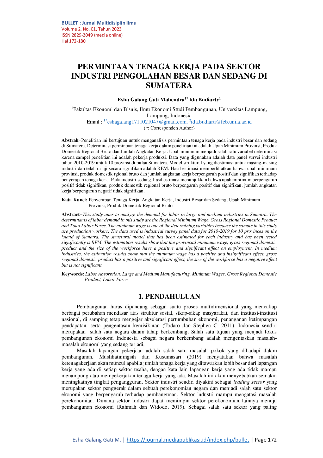 JURIS Permintaan Tenaga Kerja pada Sektor Industri Pengolahan Besar dan Sedang di Sumatera