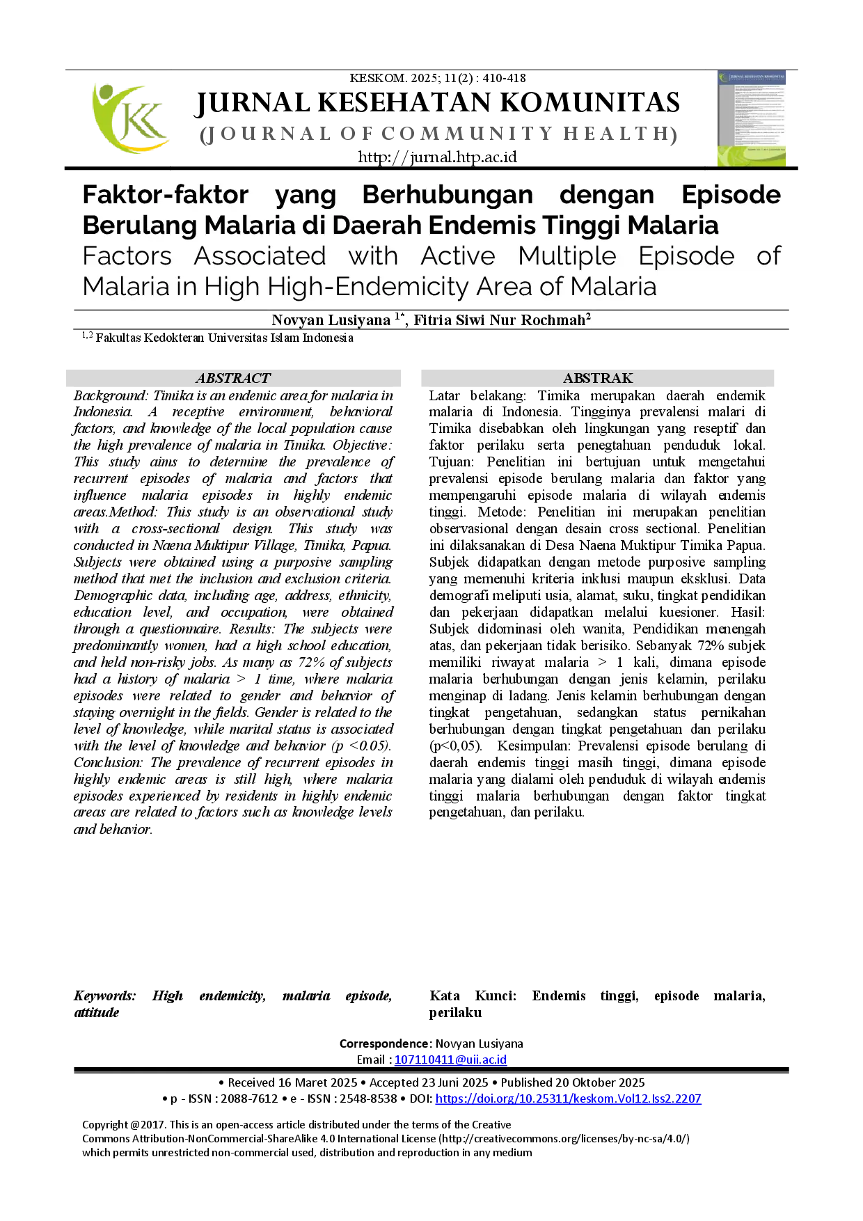 juris Faktor Faktor yang Berhubungan dengan Episode Berulang Malaria di Daerah Endemis Tinggi Malaria
