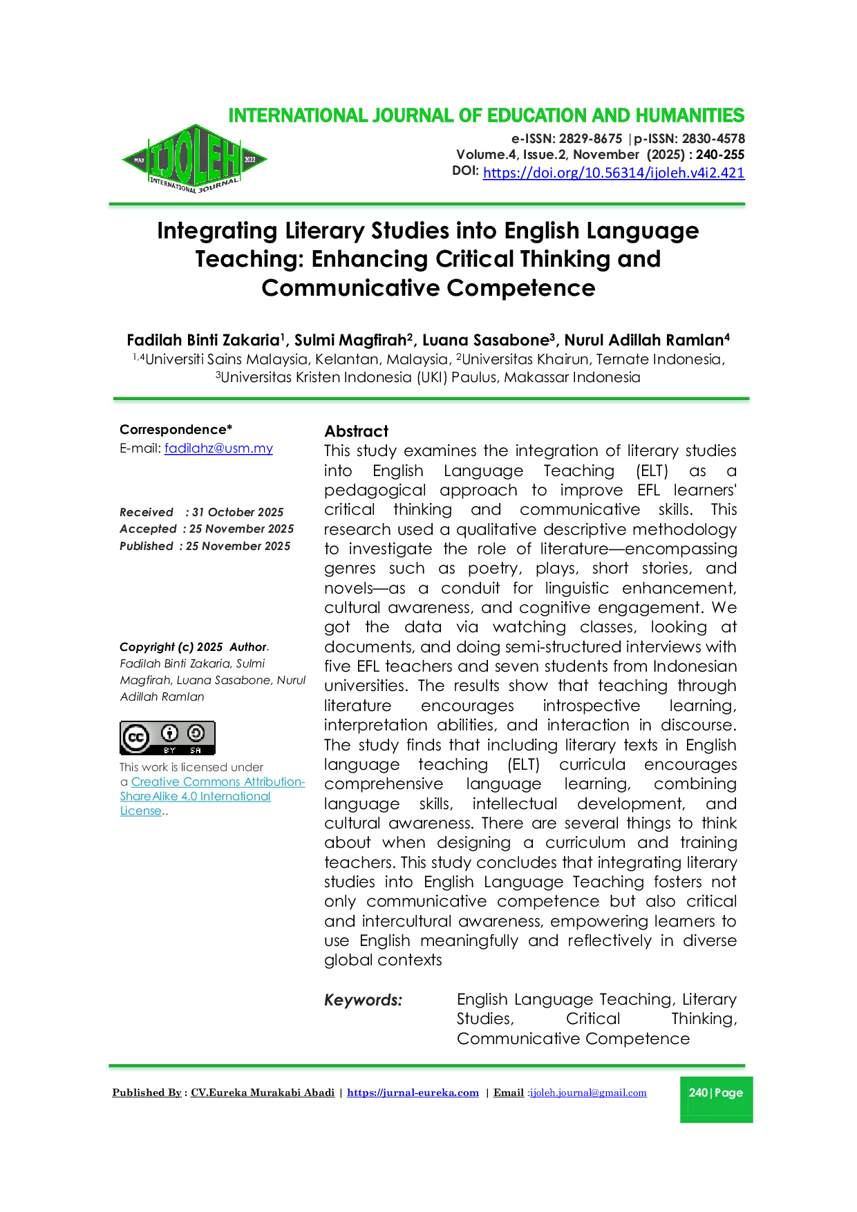 JURIS Integrating Literary Studies into English Language Teaching Enhancing Critical Thinking and Communicative Competence