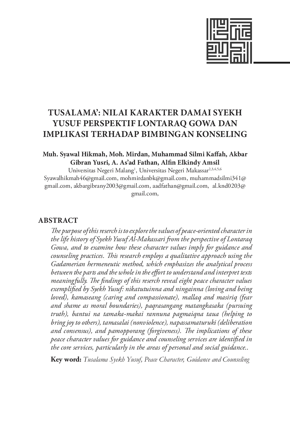 JURIS Tusalama Nilai Karakter Damai Syekh Yusuf Perspektif Lontaraq Gowa dan Implikasi terhadap Bimbingan Konseling