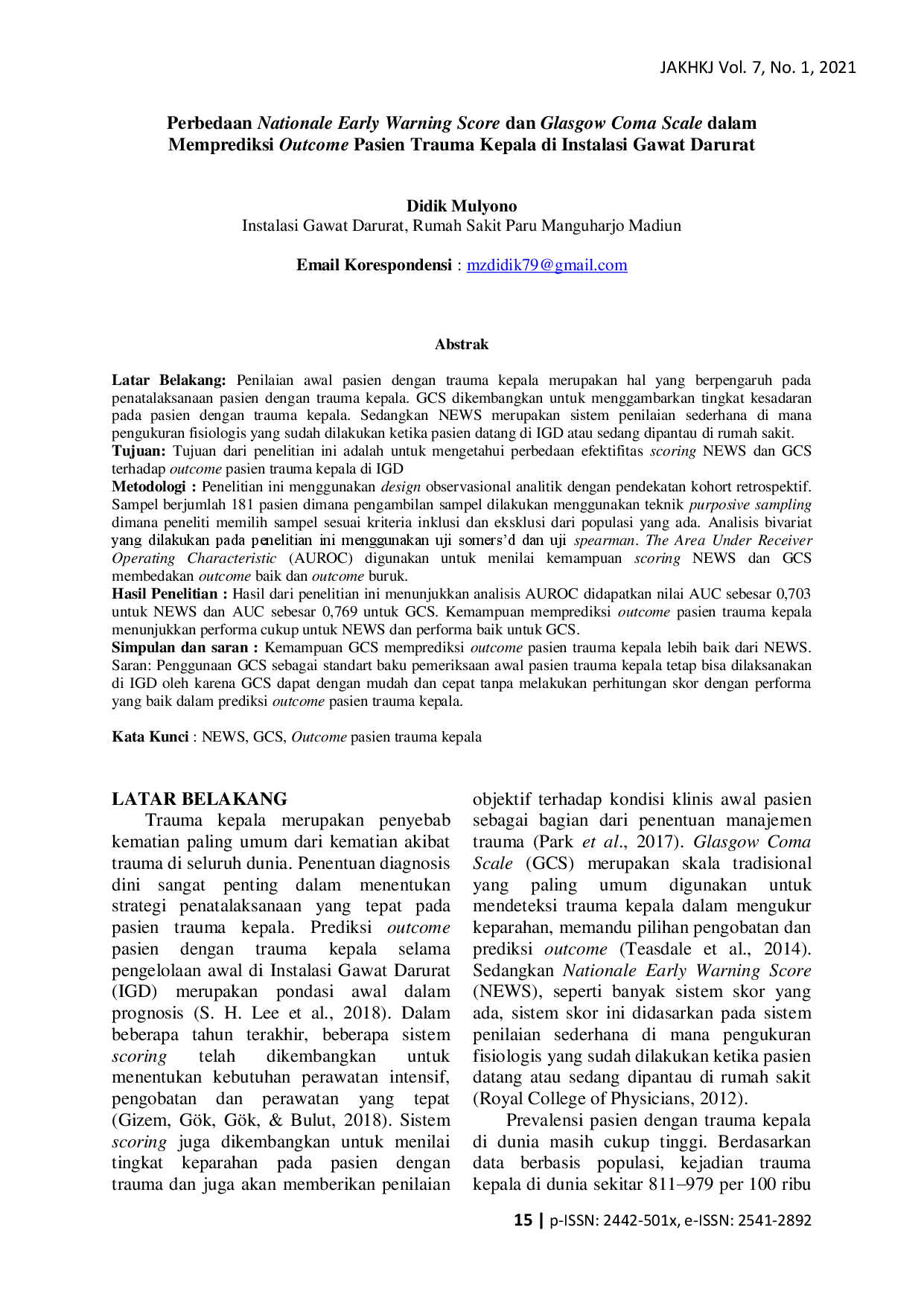 juris Perbedaan Nationale Early Warning Score Dan Glasgow Coma Scale Dalam Memprediksi Outcome Pasien Trauma Kepala Di Instalasi Gawat Darurat