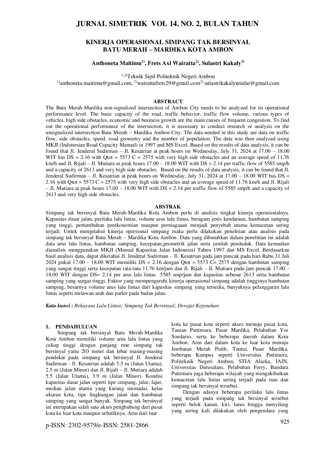 JURIS KINERJA OPERASIONAL SIMPANG TAK BERSINYAL BATU MERAH MARDIKA KOTA AMBON