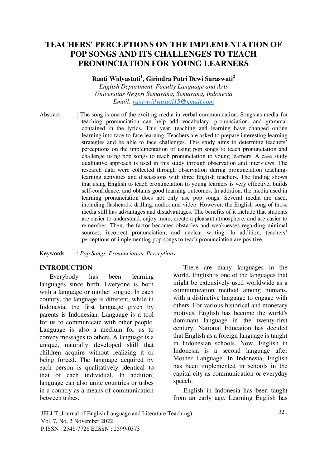 JURIS Teachers Perceptions On The Implementation Of Pop Songs And Its Challenges To Teach Pronunciation For Young Learners