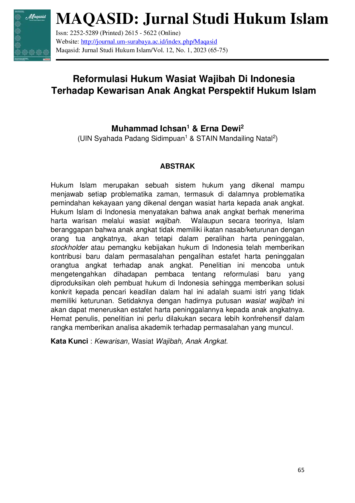 JURIS Reformulasi Hukum Wasiat Wajibah Di Indonesia Terhadap Kewarisan Anak Angkat Perspektif Hukum Islam