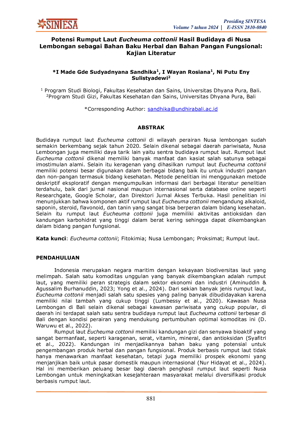 JURIS Potensi Rumput Laut Eucheuma cottonii Hasil Budidaya di Nusa Lembongan sebagai Bahan Baku Herbal dan Bahan Pangan Fungsional Kajian Literatur