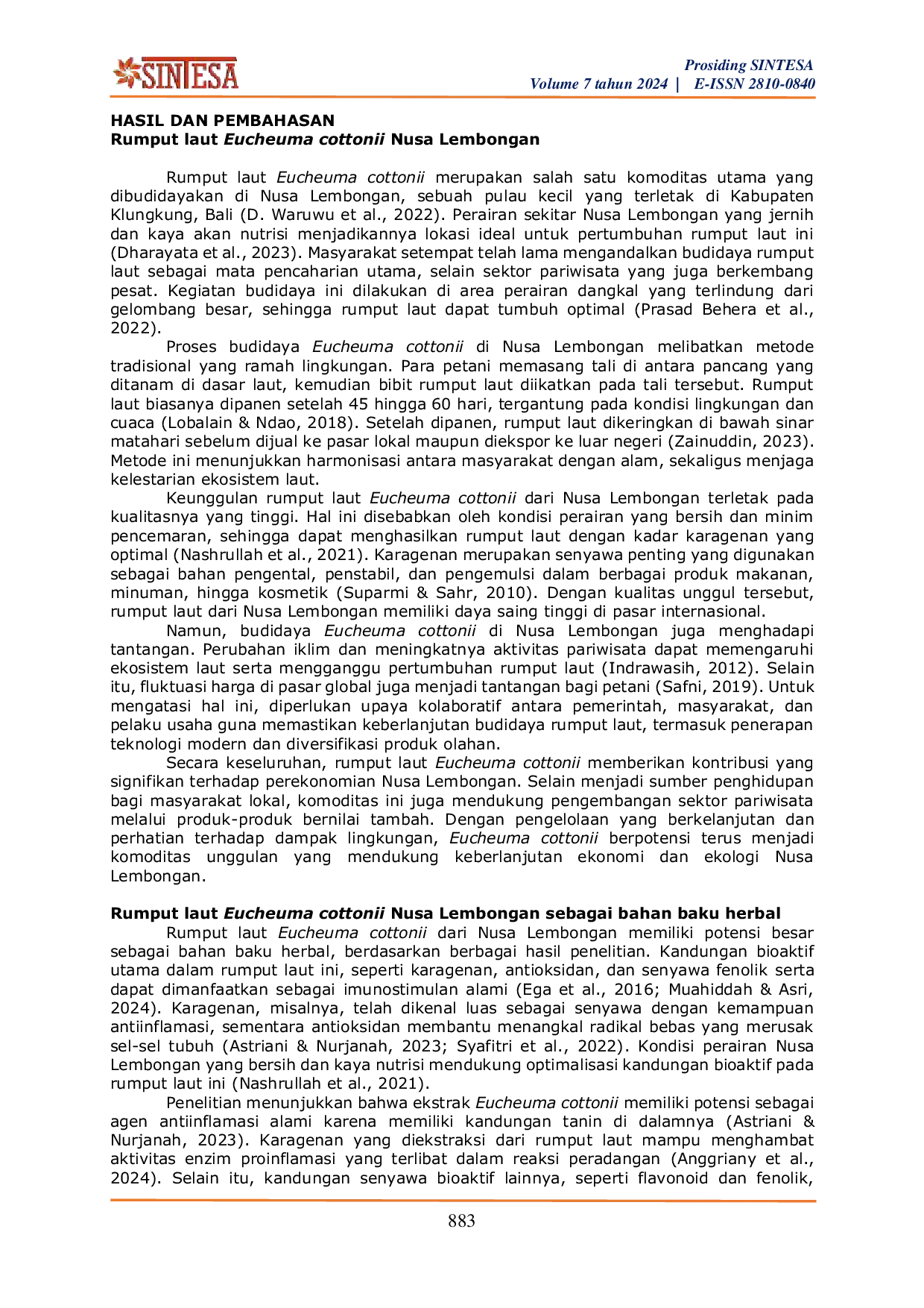 JURIS Potensi Rumput Laut Eucheuma cottonii Hasil Budidaya di Nusa Lembongan sebagai Bahan Baku Herbal dan Bahan Pangan Fungsional Kajian Literatur