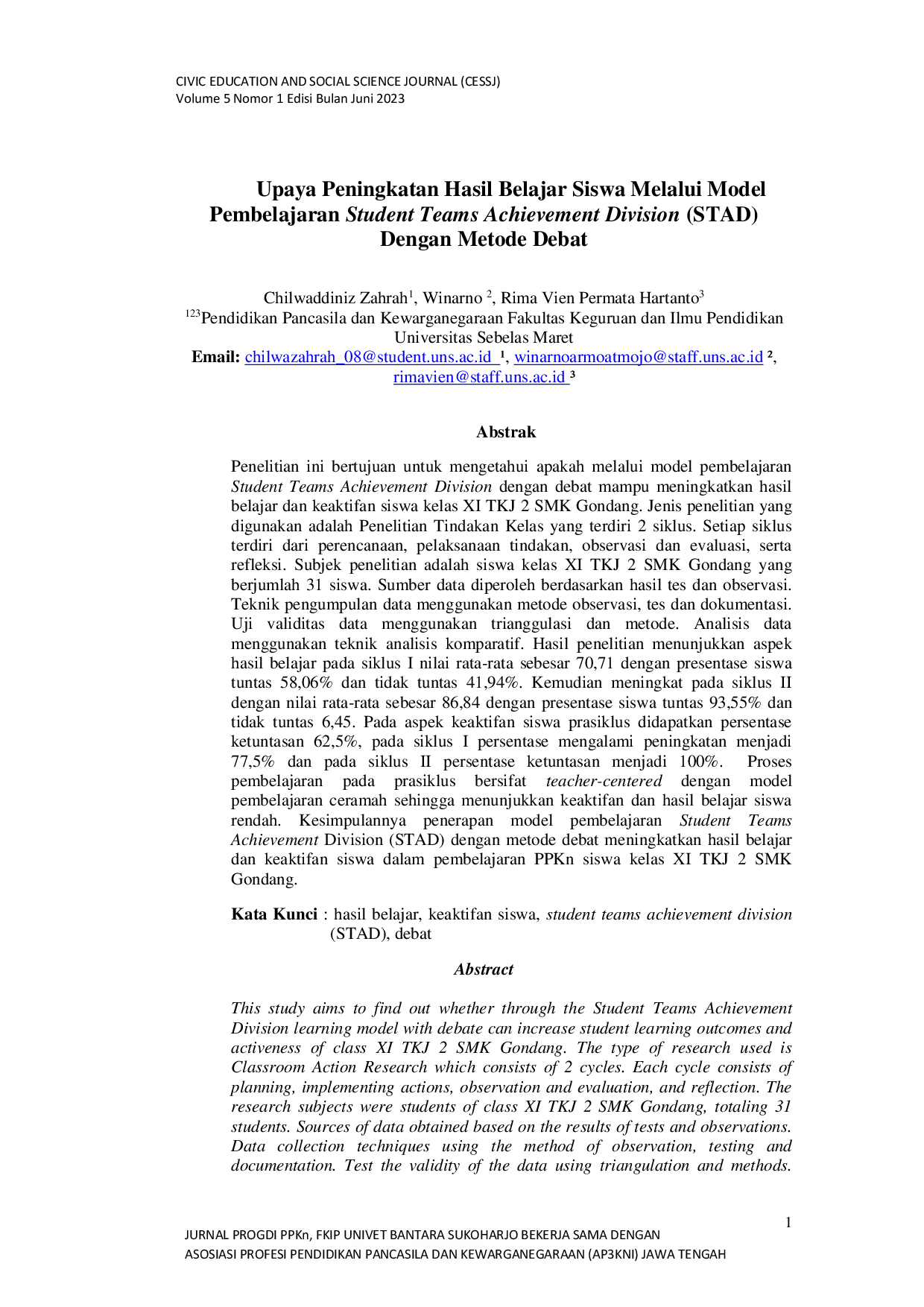 JURIS Upaya Peningkatan Hasil Belajar Siswa Melalui Model Pembelajaran Student Teams Achievement Division STAD Dengan Metode Debat