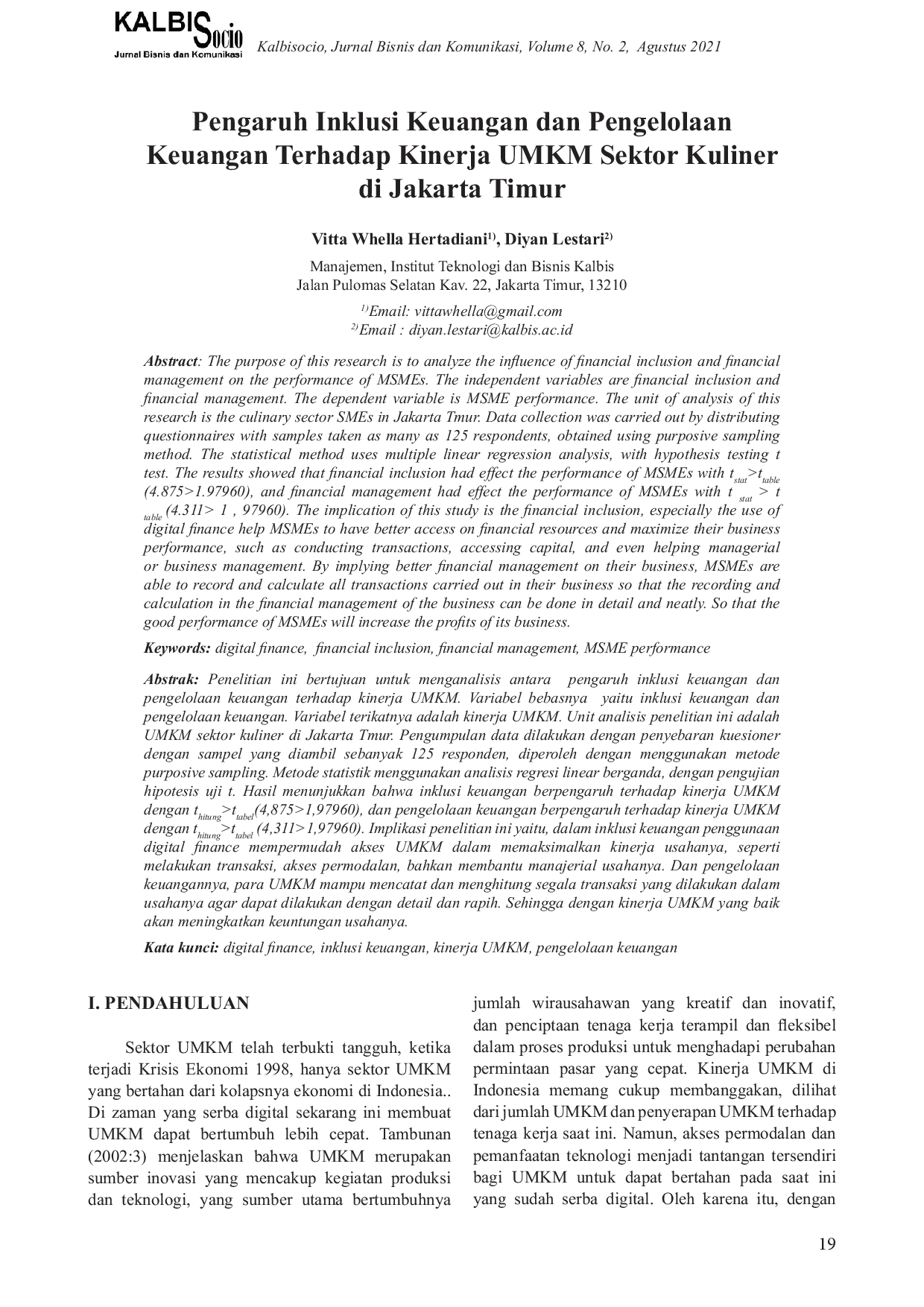 JURIS Pengaruh Inklusi Keuangan dan Pengelolaan Keuangan Terhadap Kinerja UMKM Sektor Kuliner di Jakarta Timur