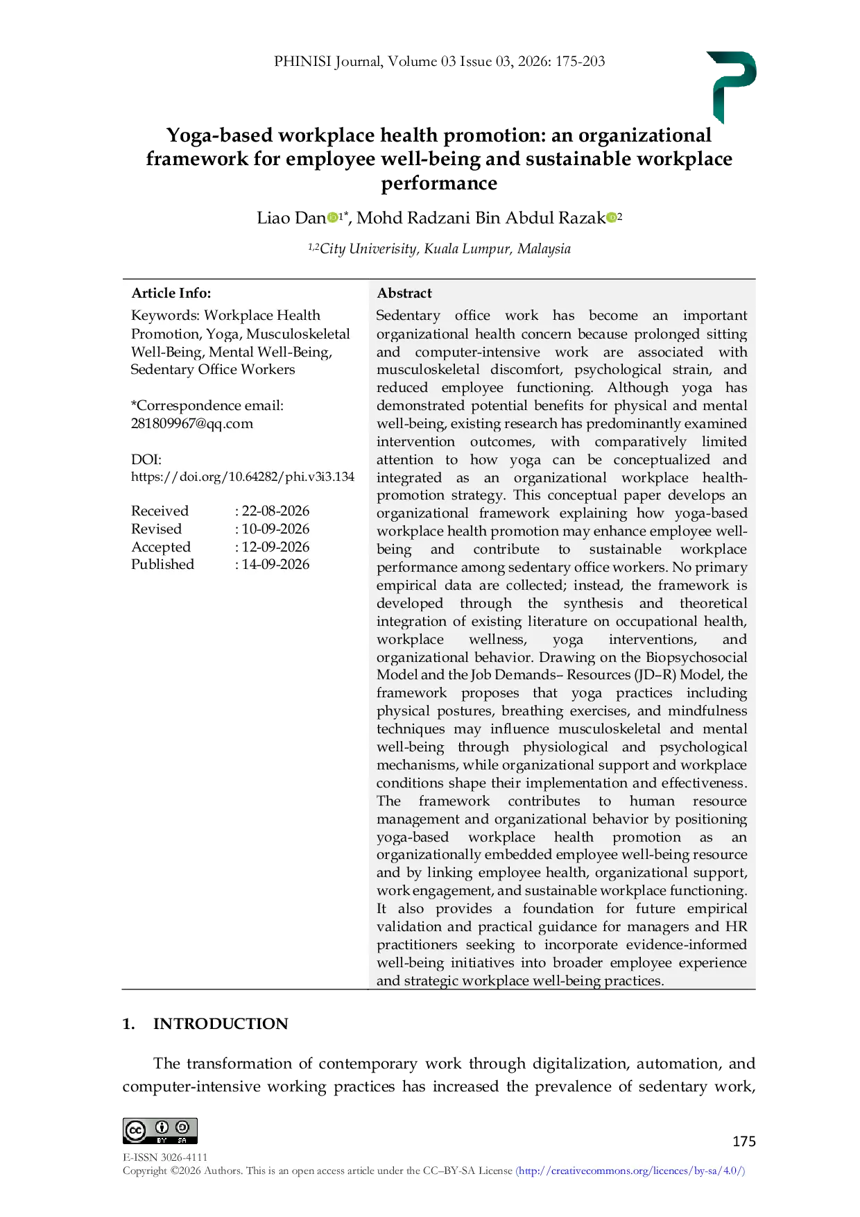 JURIS Yoga based workplace health promotion an organizational framework for employee well being and sustainable workplace performance