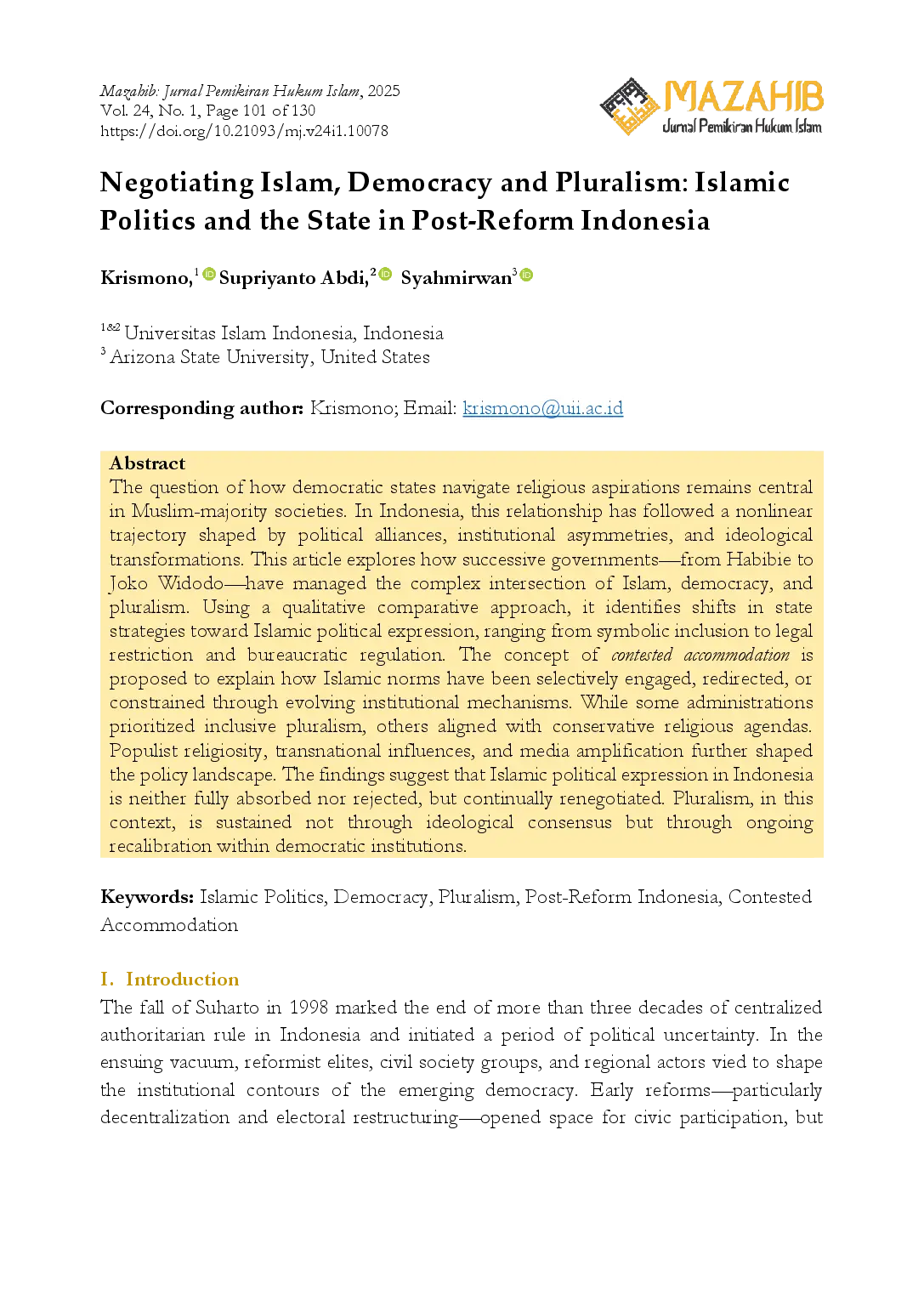 juris Negotiating Islam Democracy and Pluralism Islamic Politics and the State in Post Reform Indonesia