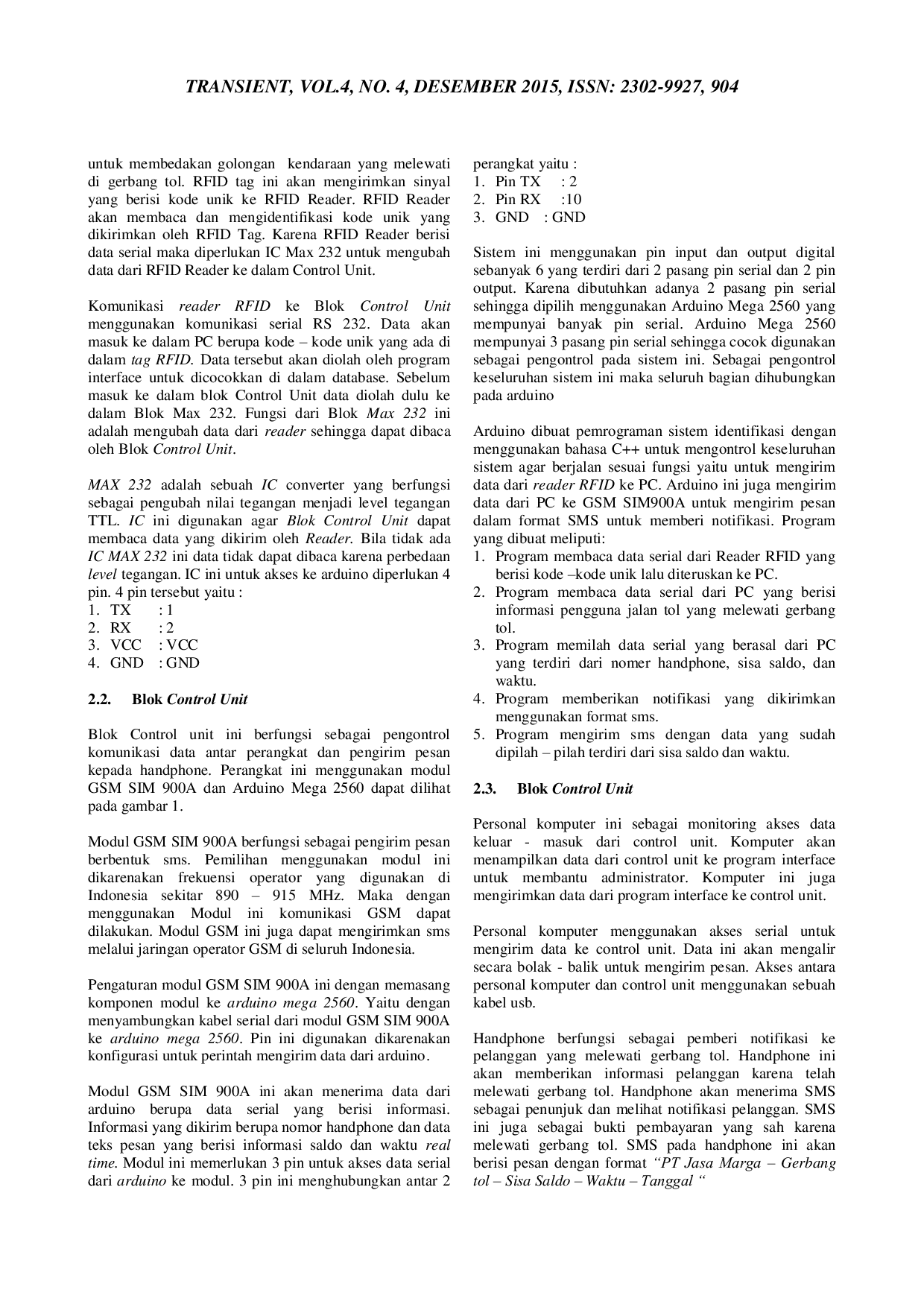 JURIS Perancangan Prototipe Identifikasi Kendaraan Jalan Tol Berbasis RFID dan Notifikasi Pembayaran Via SMS