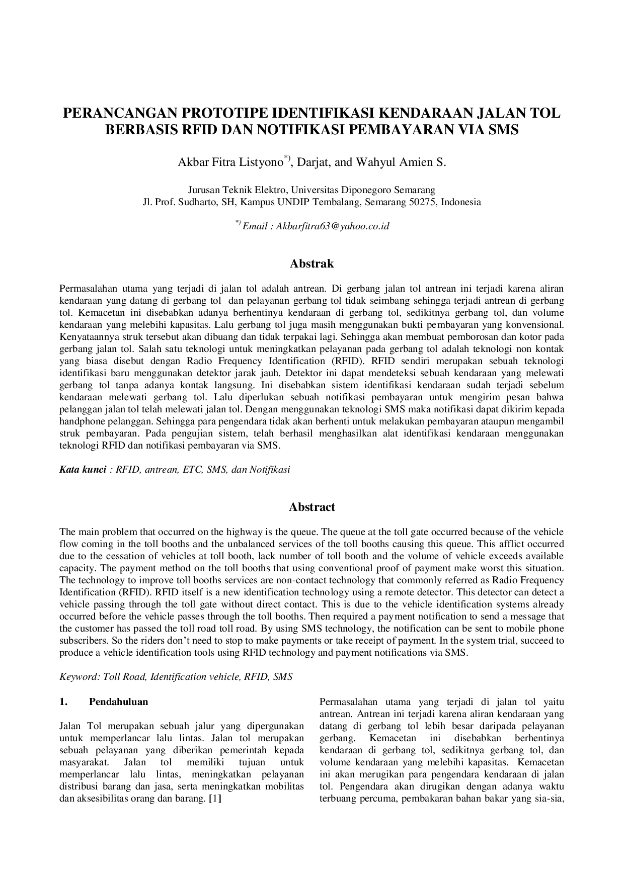JURIS Perancangan Prototipe Identifikasi Kendaraan Jalan Tol Berbasis RFID dan Notifikasi Pembayaran Via SMS