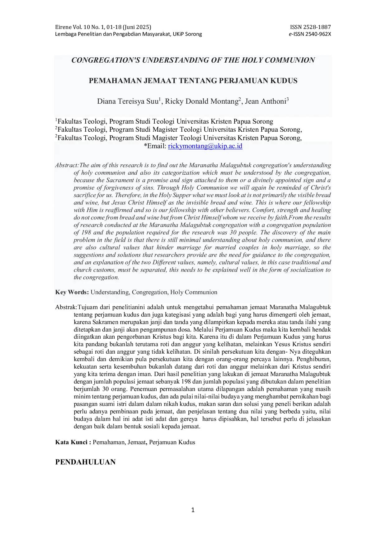 JURIS Pemahaman Jemaat Tentang Perjamuan Kudus