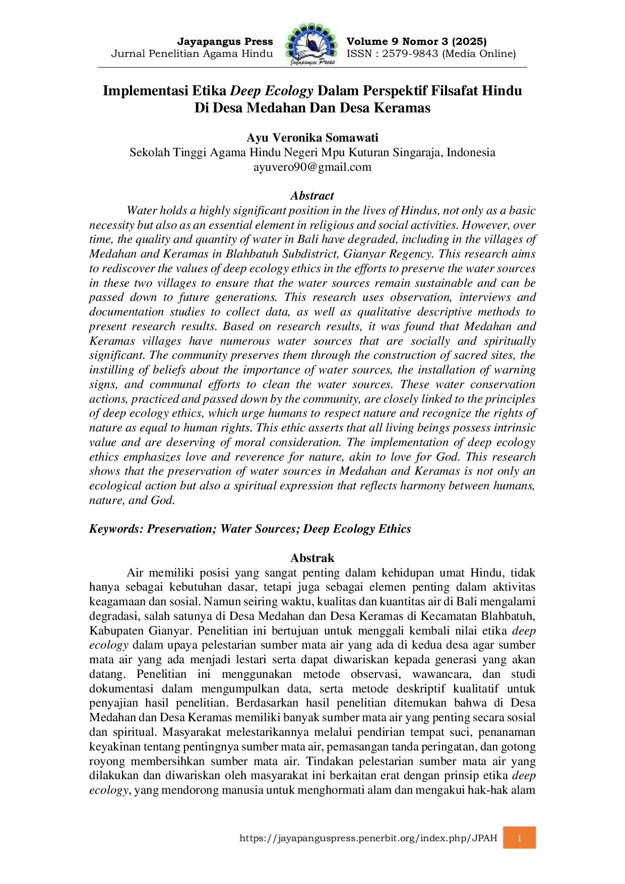 JURIS Implementasi Etika Deep Ecology Dalam Perspektif Filsafat Hindu Di Desa Medahan Dan Desa Keramas