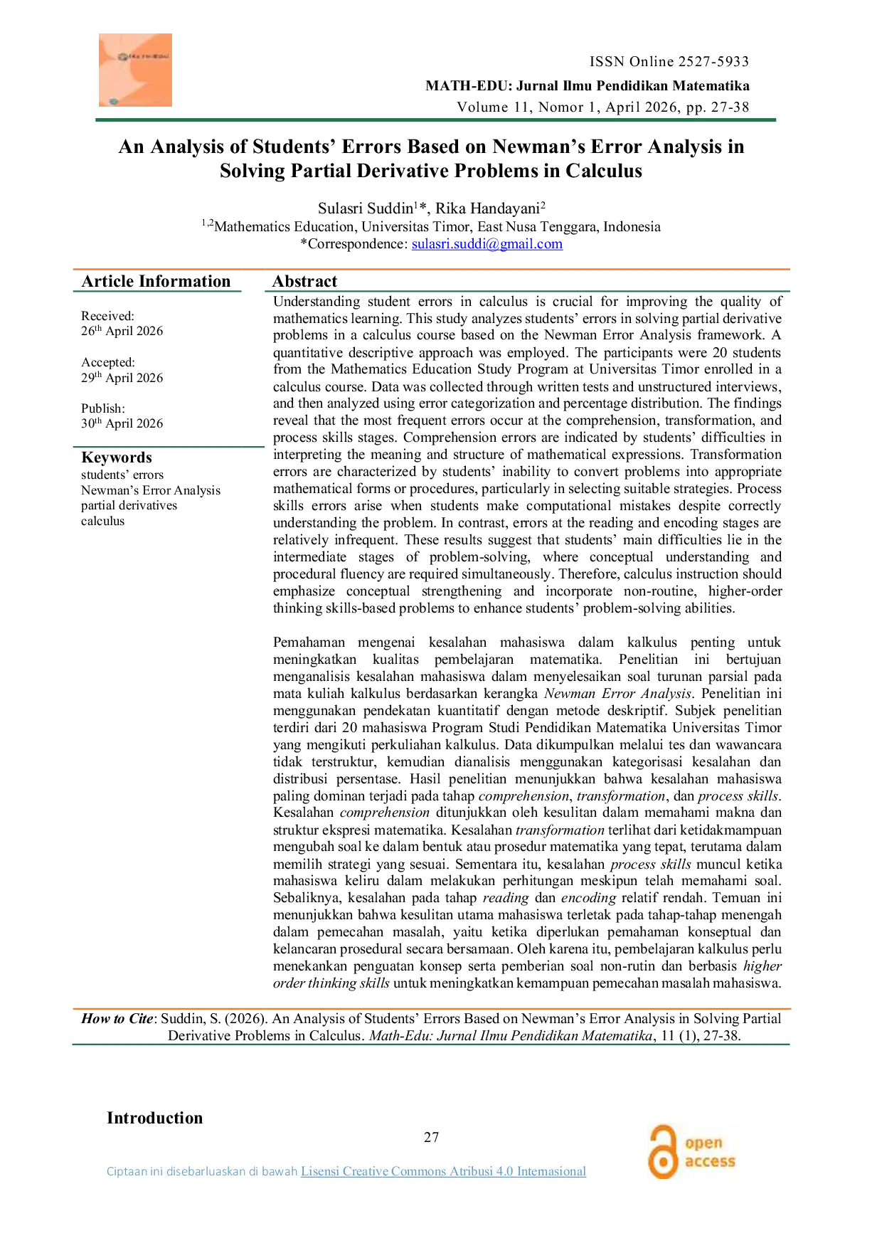 JURIS An Analysis of Students Errors Based on Newman s Error Analysis in Solving Partial Derivative Problems in Calculus