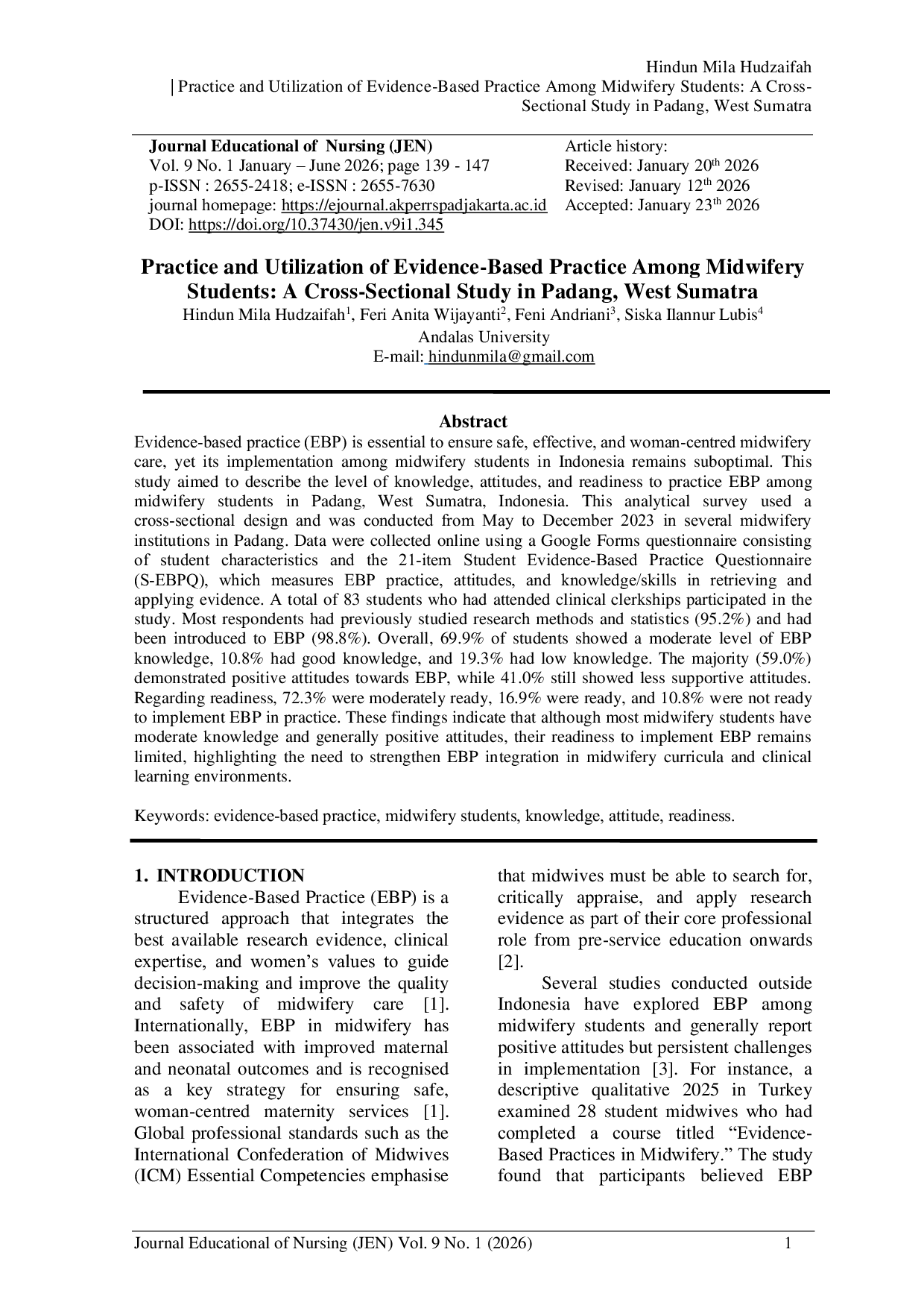JURIS Practice and Utilization of Evidence Based Practice Among Midwifery Students A Cross Sectional Study in Padang West Sumatra