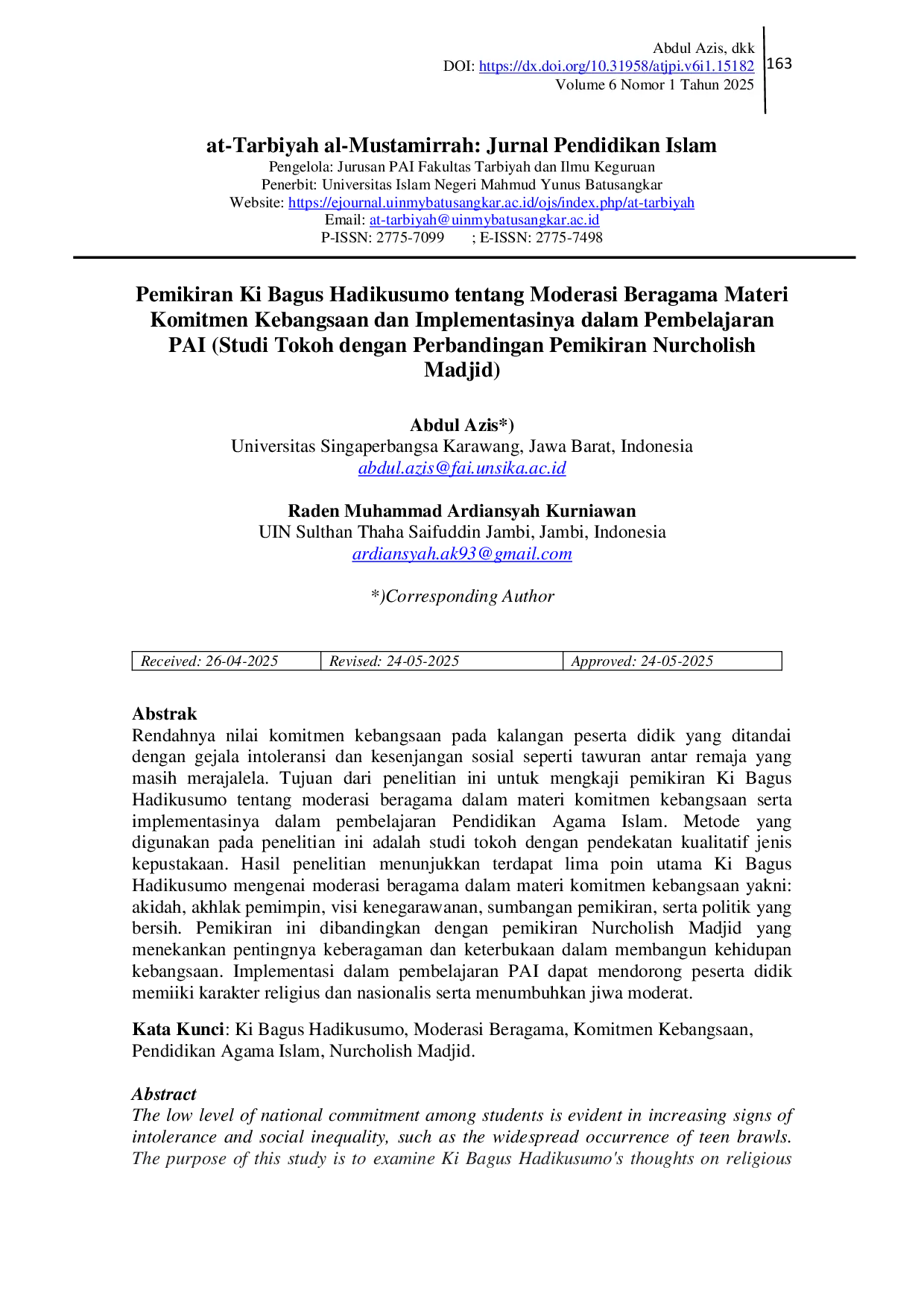 JURIS Pemikiran Ki Bagus Hadikusumo tentang Moderasi Beragama Materi Komitmen Kebangsaan dan Implementasinya dalam Pembelajaran Pendidikan Agama Islam