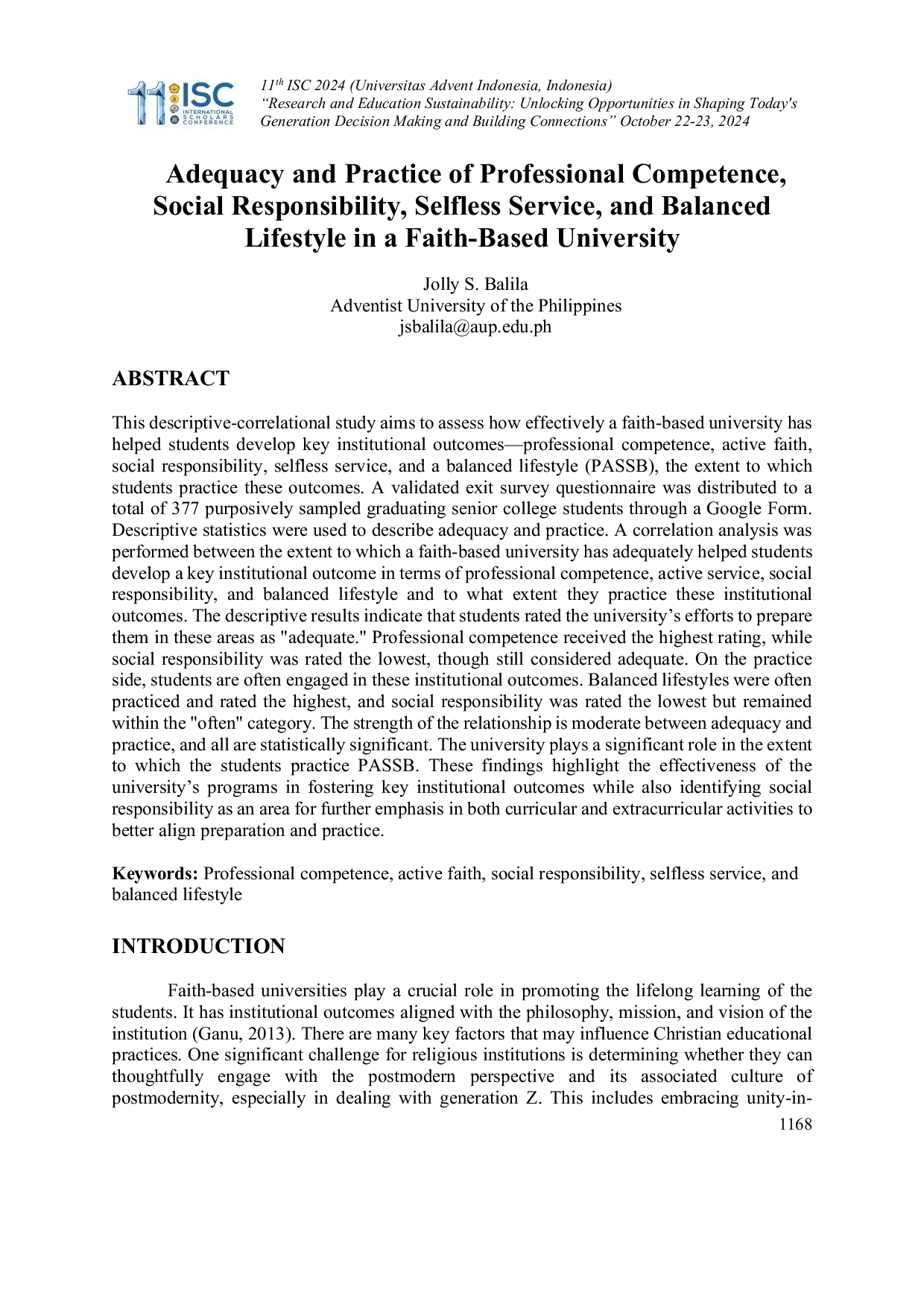 JURIS Adequacy and Practice of Professional Competence Social Responsibility Selfless Service and Balanced Lifestyle in a Faith Based University