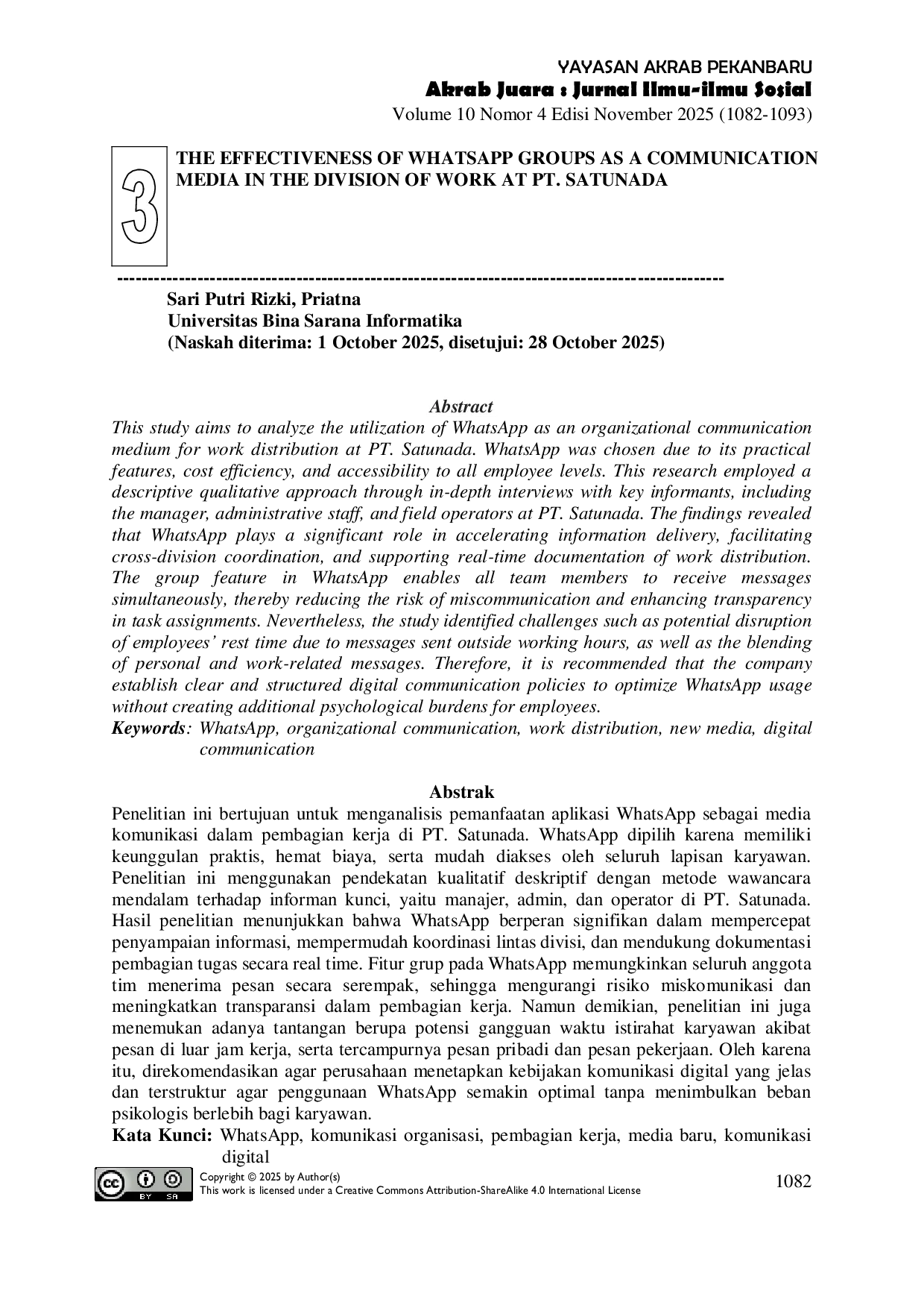 JURIS The Effectiveness of WhatsApp Groups As a Communication Media in The Division of Work at PT Satunada