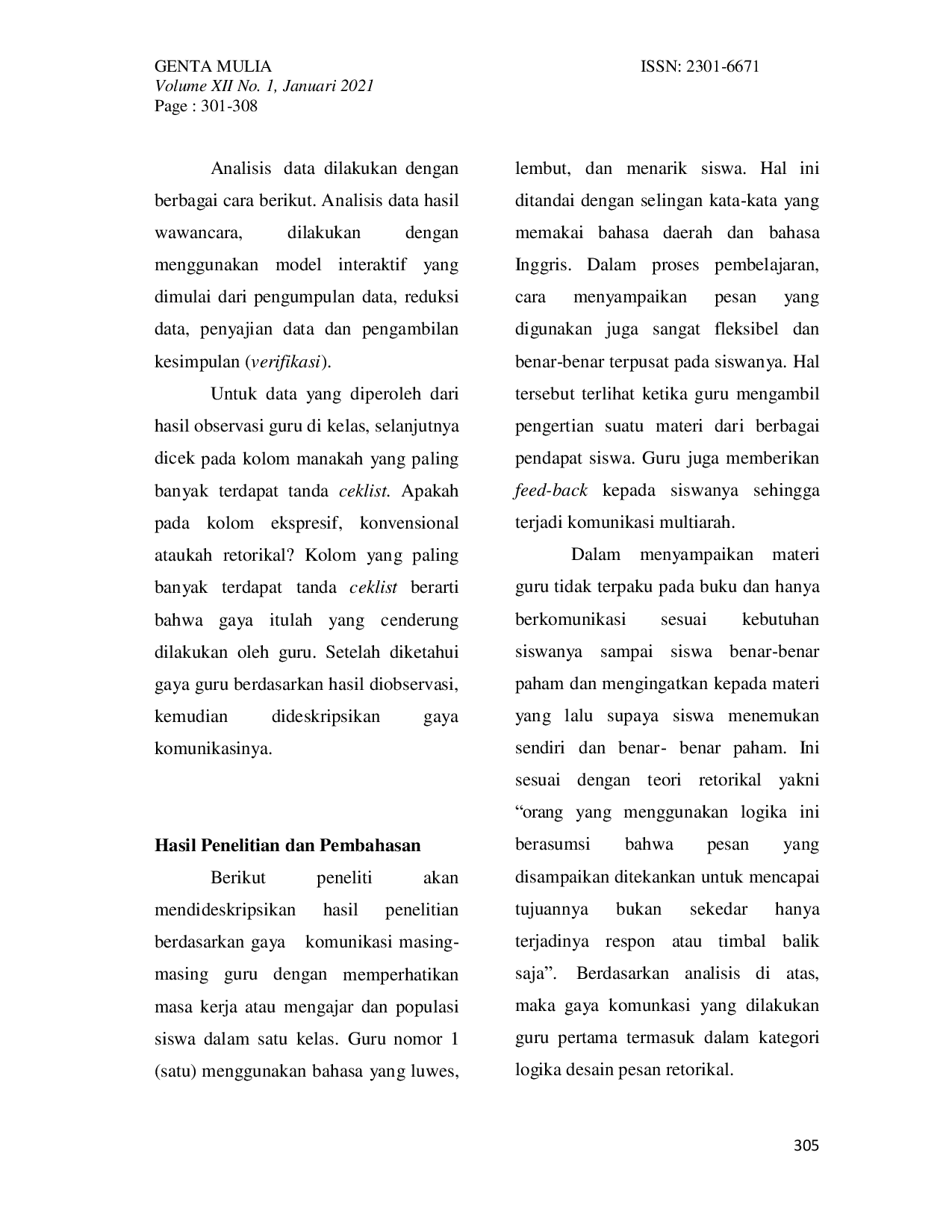 JURIS Kualitas Pesan Guru Matematika SMP Negeri 1 Meulaboh dalam Komunikasi Pembelajaran Matematika