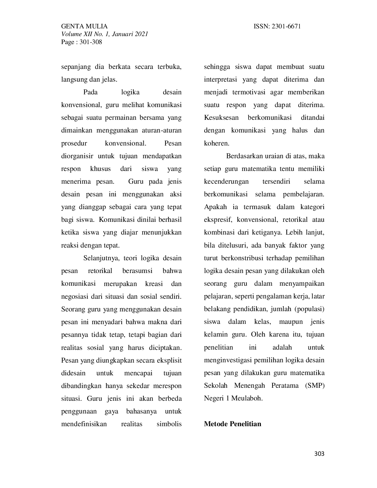 JURIS Kualitas Pesan Guru Matematika SMP Negeri 1 Meulaboh dalam Komunikasi Pembelajaran Matematika