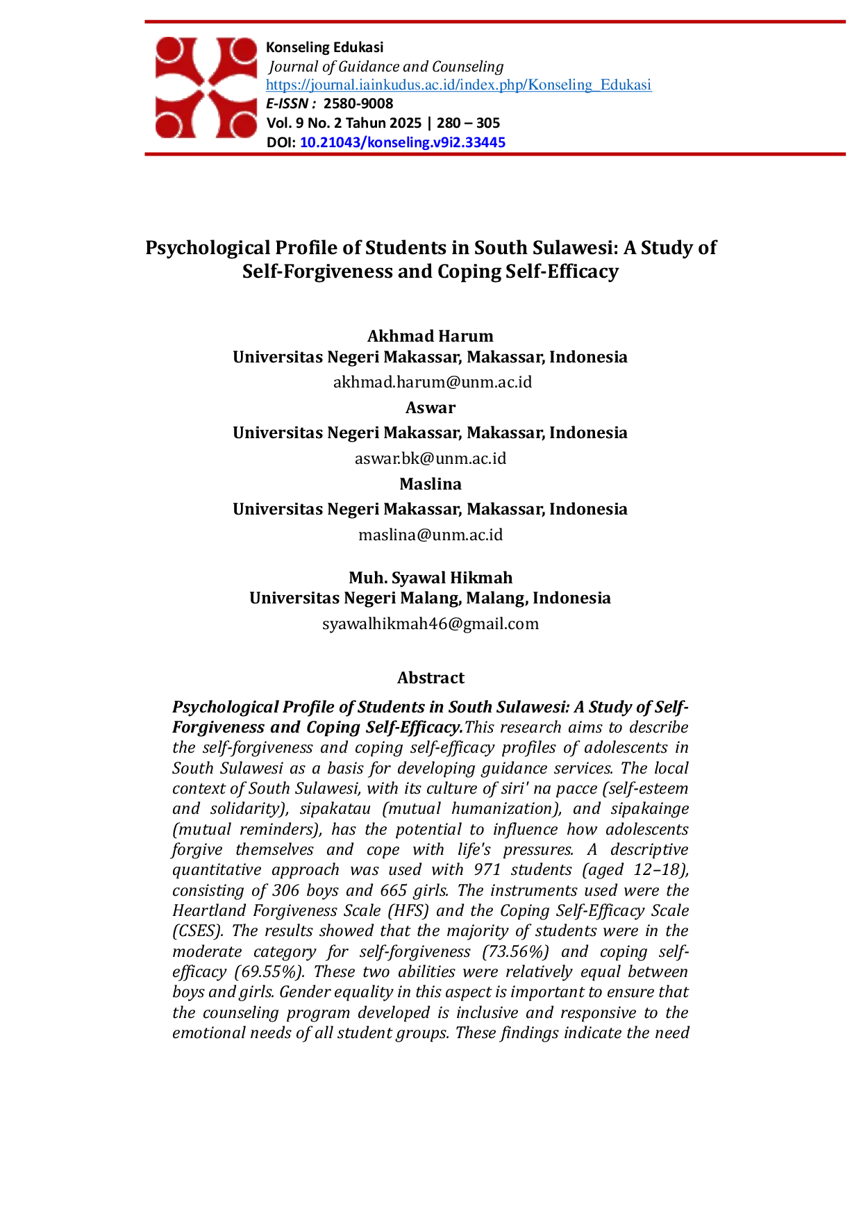 JURIS Psychological Profile of Students in South Sulawesi A Study of Self Forgiveness and Coping Self Efficacy