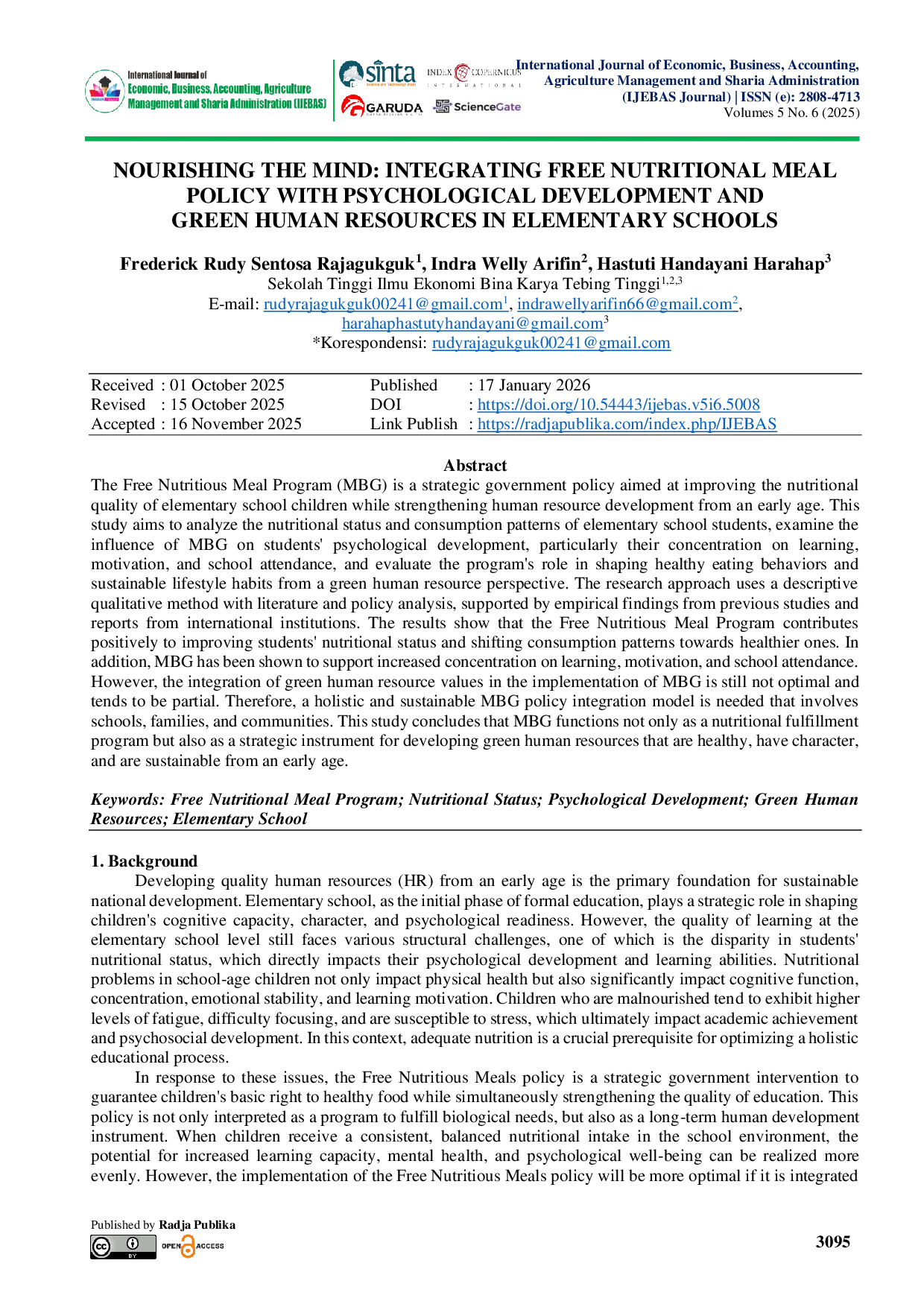 JURIS Nourishing the Mind Integrating Free Nutritional Meal Policy with Psychological Development and Green Human Resources in Elementary Schools