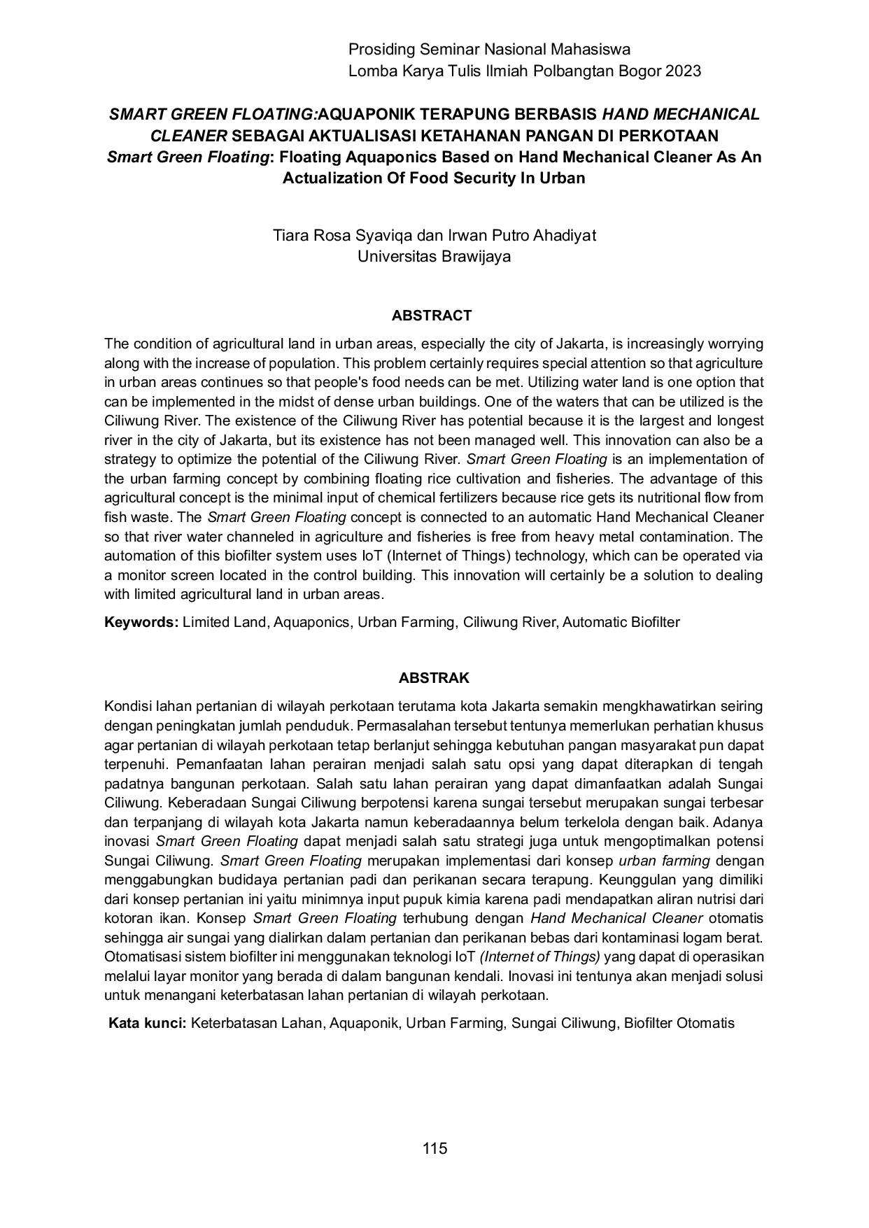 JURIS Smart Green Floating Floating Aquaponics Based on Hand Mechanical Cleaner As An Actualization Of Food Security In Urban