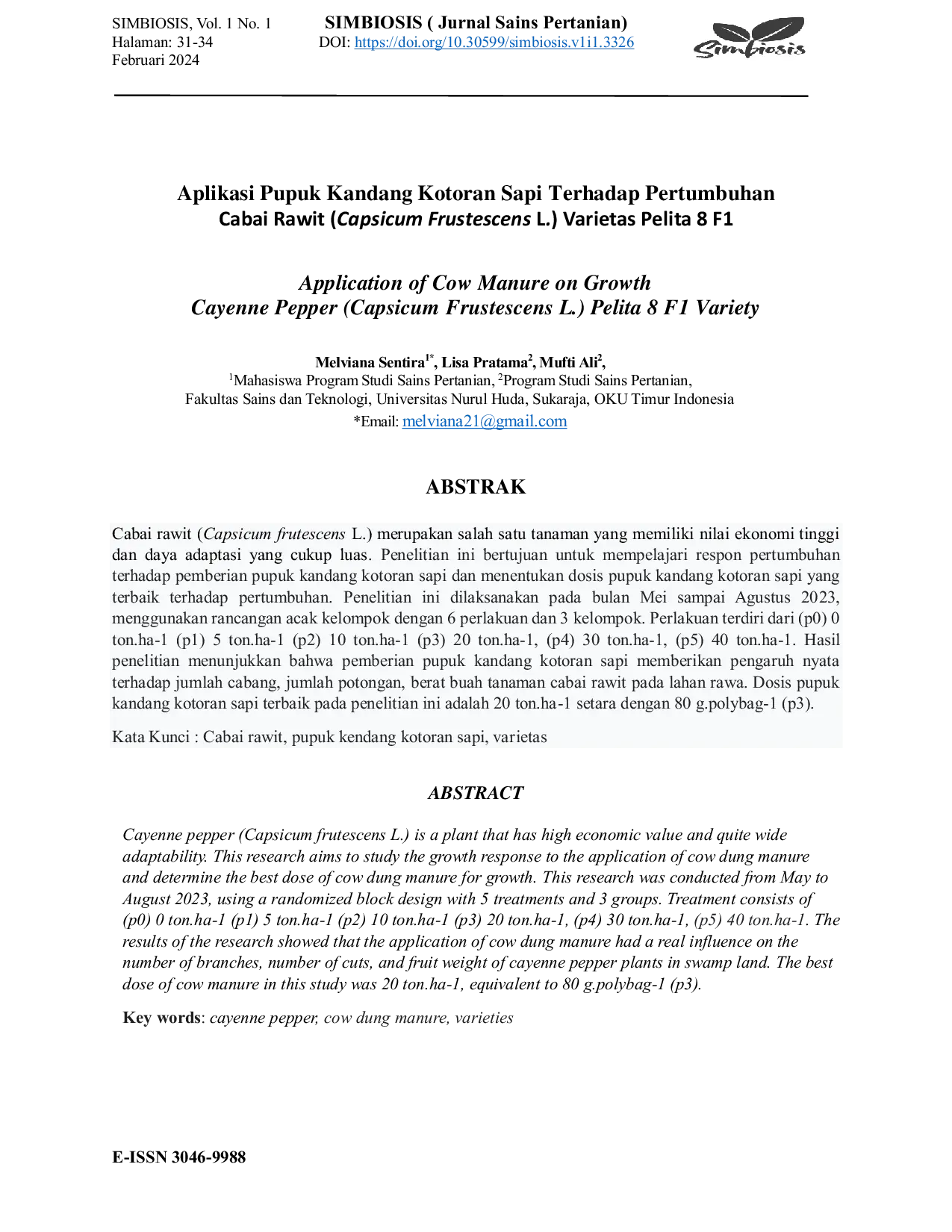 JURIS Aplikasi Pupuk Kandang Kotoran Sapi Terhadap Pertumbuhan Cabai Rawit Capsicum Frustescens L Varietas Pelita 8 F1