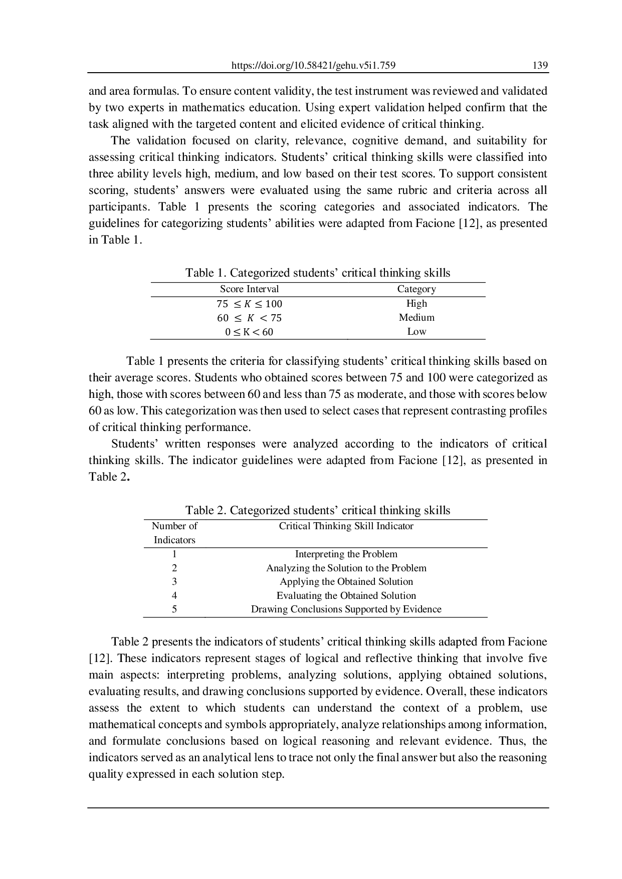 JURIS From Answers to Thinking Students Critical Thinking Skills in Solving Problems on Nets of Solid Figures