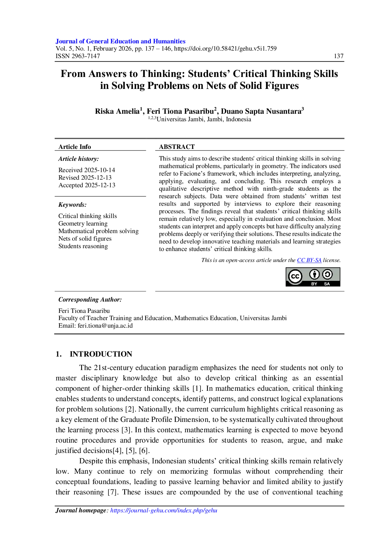 JURIS From Answers to Thinking Students Critical Thinking Skills in Solving Problems on Nets of Solid Figures