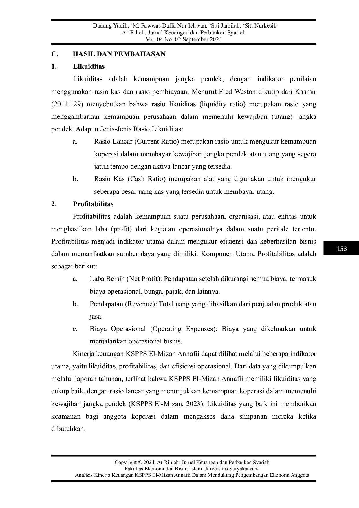 JURIS Analisis Kinerja Keuangan KSPPS El Mizan Annafii Dalam Mendukung Pengembangan Ekonomi Anggota