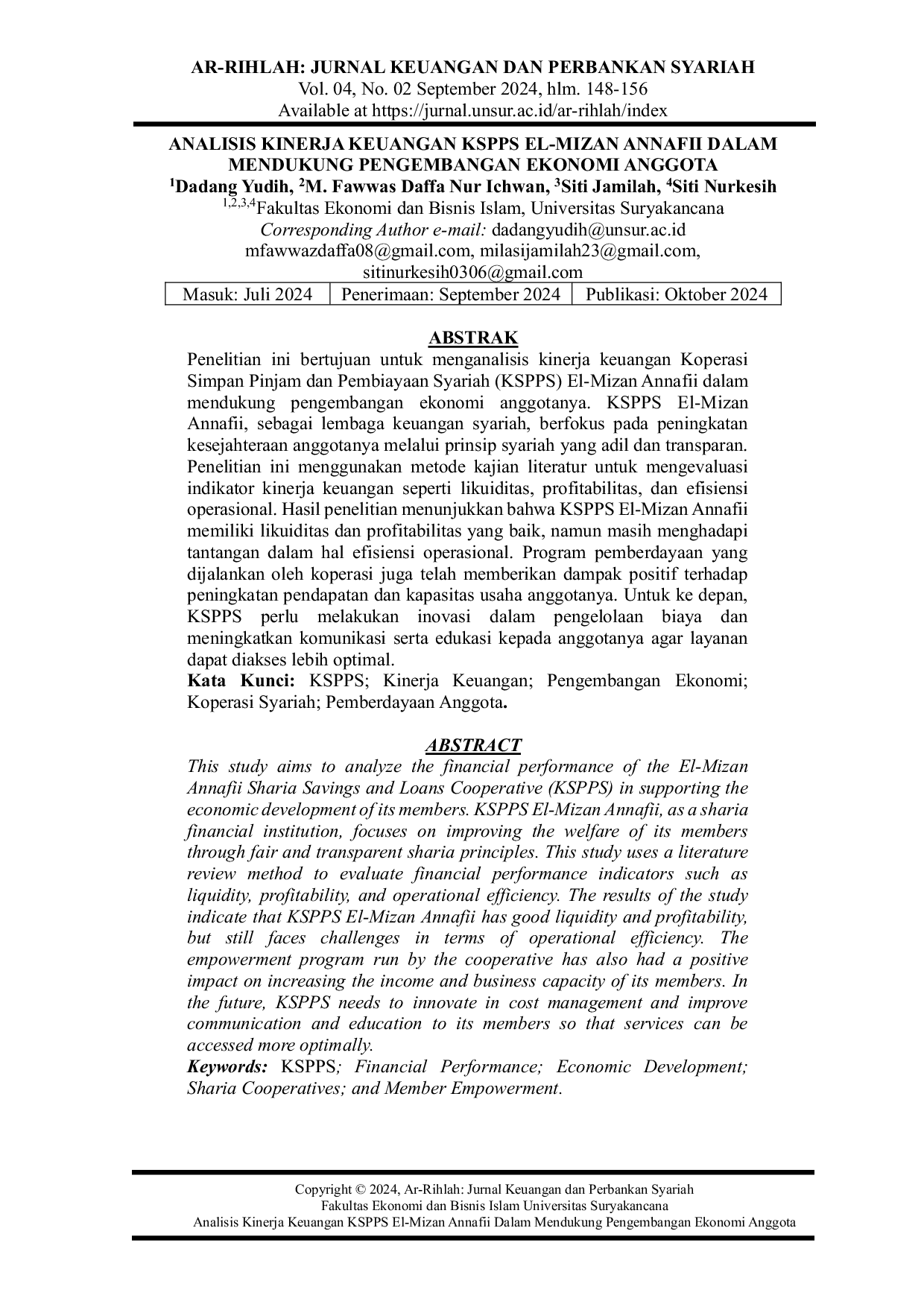 JURIS Analisis Kinerja Keuangan KSPPS El Mizan Annafii Dalam Mendukung Pengembangan Ekonomi Anggota