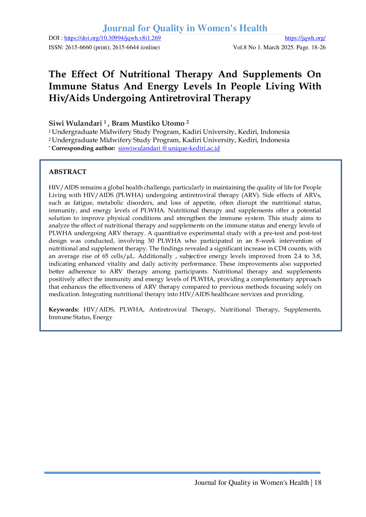 JURIS The Effect Of Nutritional Therapy And Supplements On Immune Status And Energy Levels In People Living With Hiv Aids Undergoing Antiretroviral Therapy
