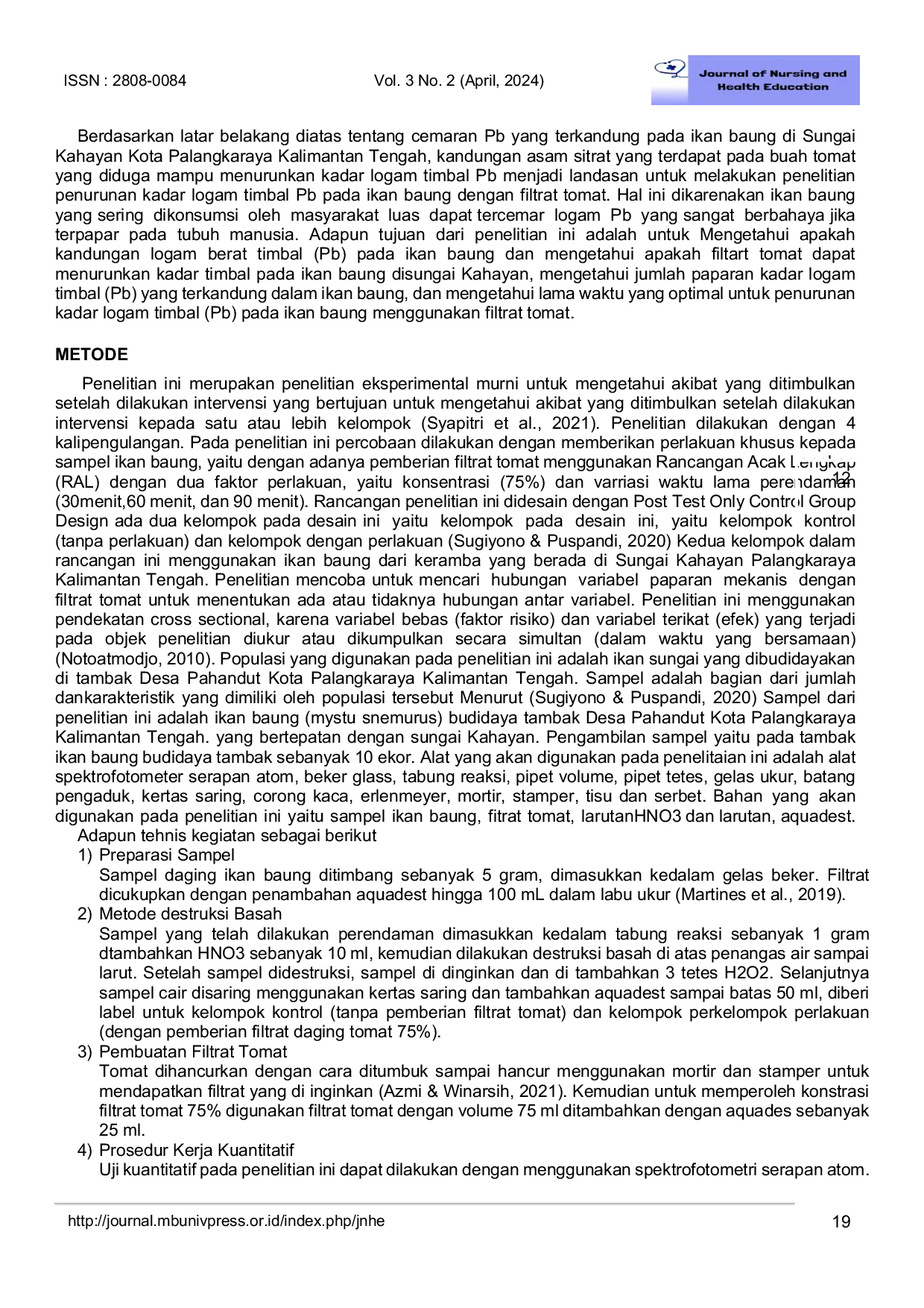 JURIS Reduction of Lead Metal Pb Levels in Baung Fish Mystus nemurus with Tomato Filtrate Solanum lycopersicum