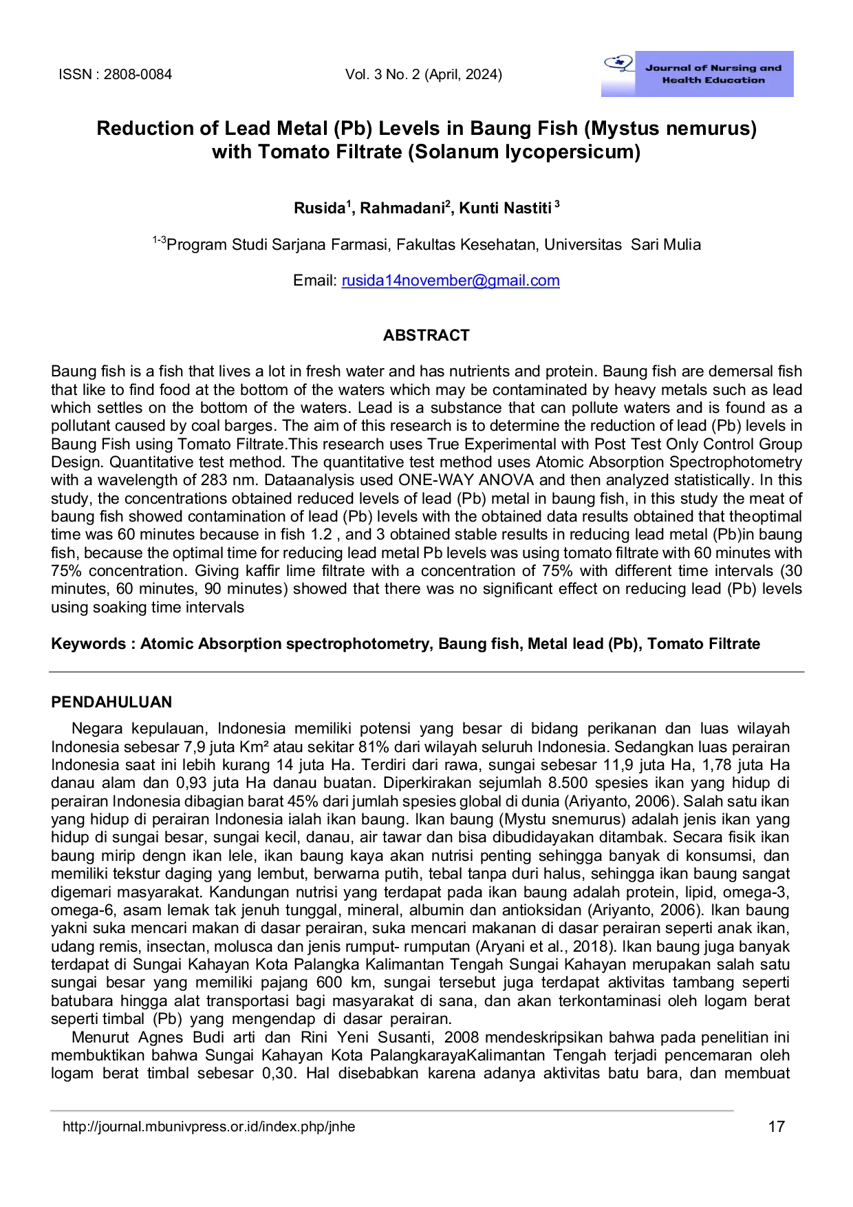 JURIS Reduction of Lead Metal Pb Levels in Baung Fish Mystus nemurus with Tomato Filtrate Solanum lycopersicum