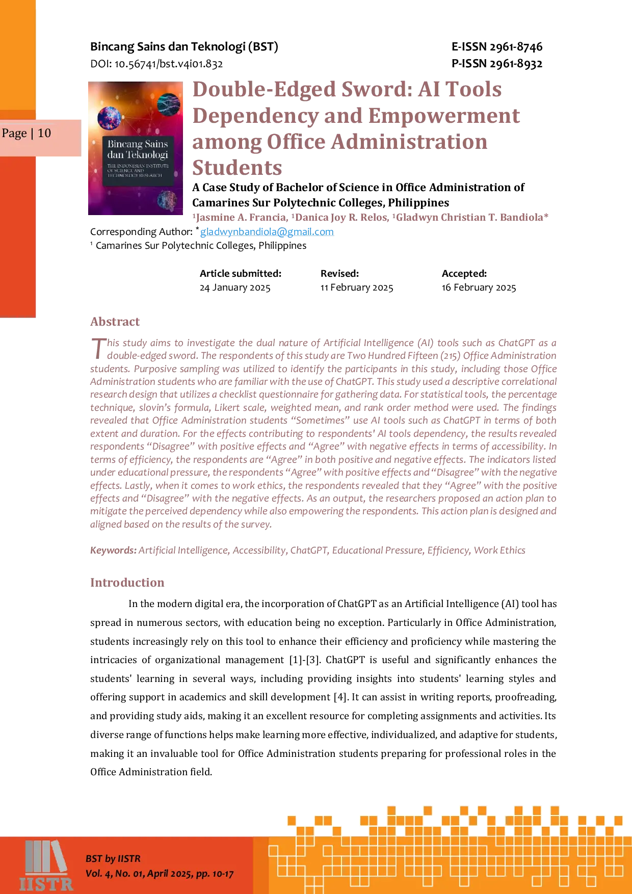 JURIS Double Edged Sword AI Tools Dependency and Empowerment among Office Administration Students A Case Study of Bachelor of Science in Office Administration of Camarines Sur Polytechnic Colleges Philip