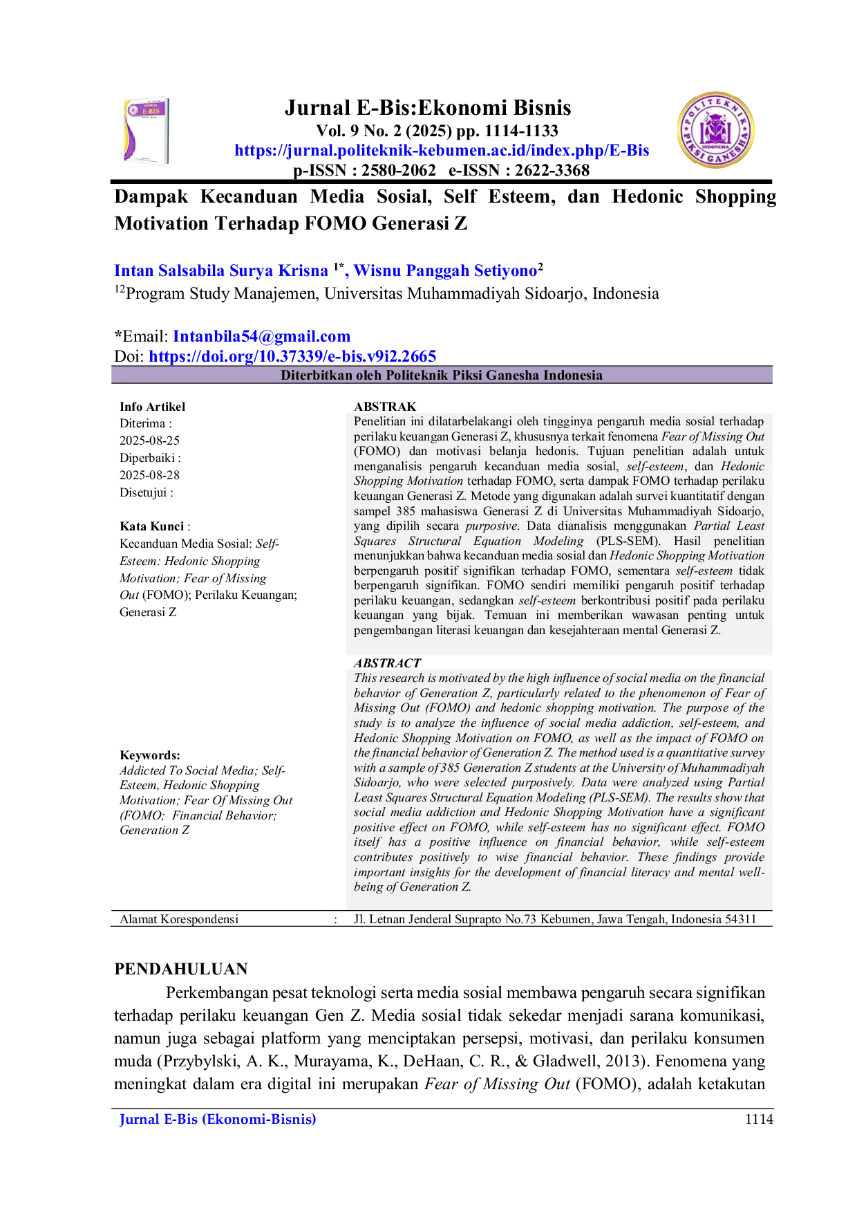JURIS Dampak Kecanduan Media Sosial Self Esteem dan Hedonic Shopping Motivation Terhadap FOMO Generasi Z