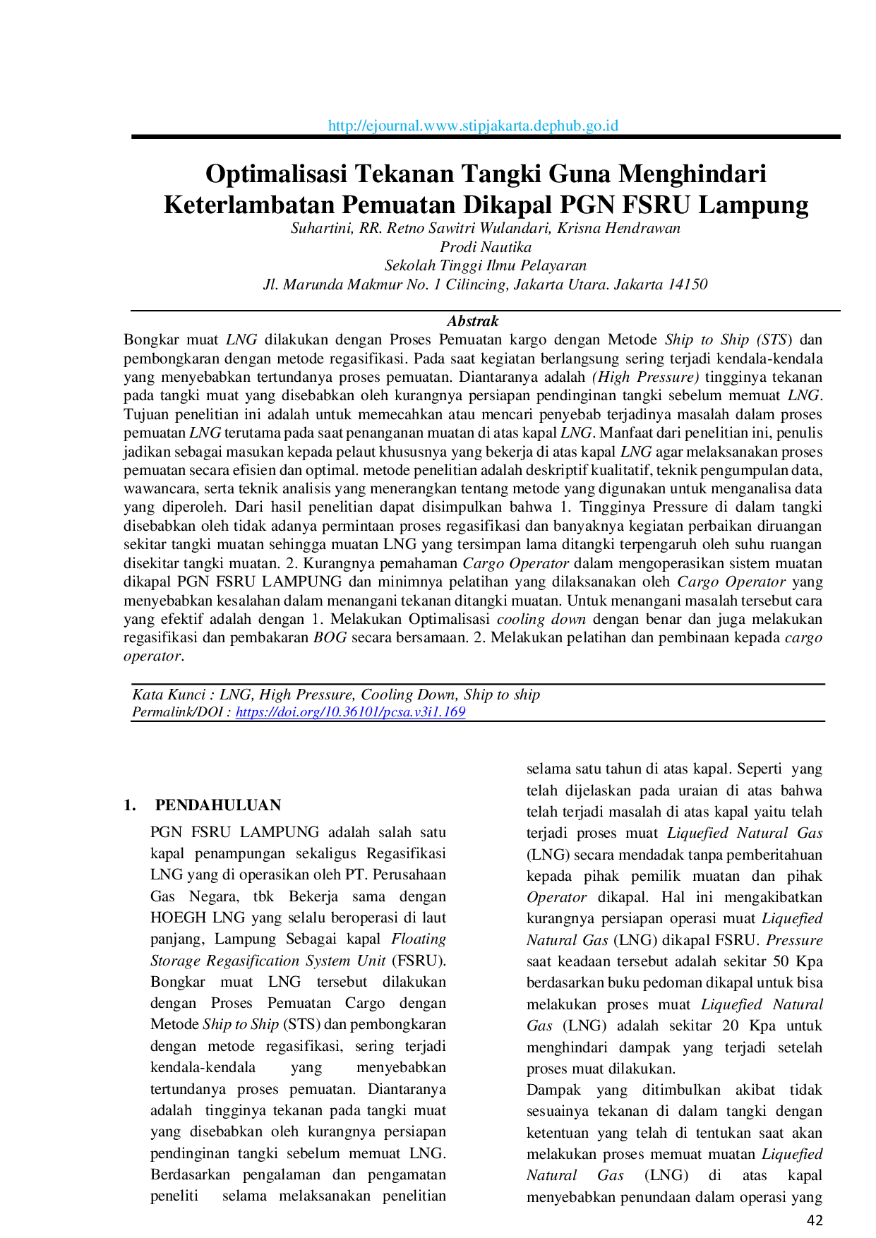 JURIS Optimalisasi Tekanan Tangki Guna Menghindari Keterlambatan Pemuatan Dikapal PGN FSRU Lampung