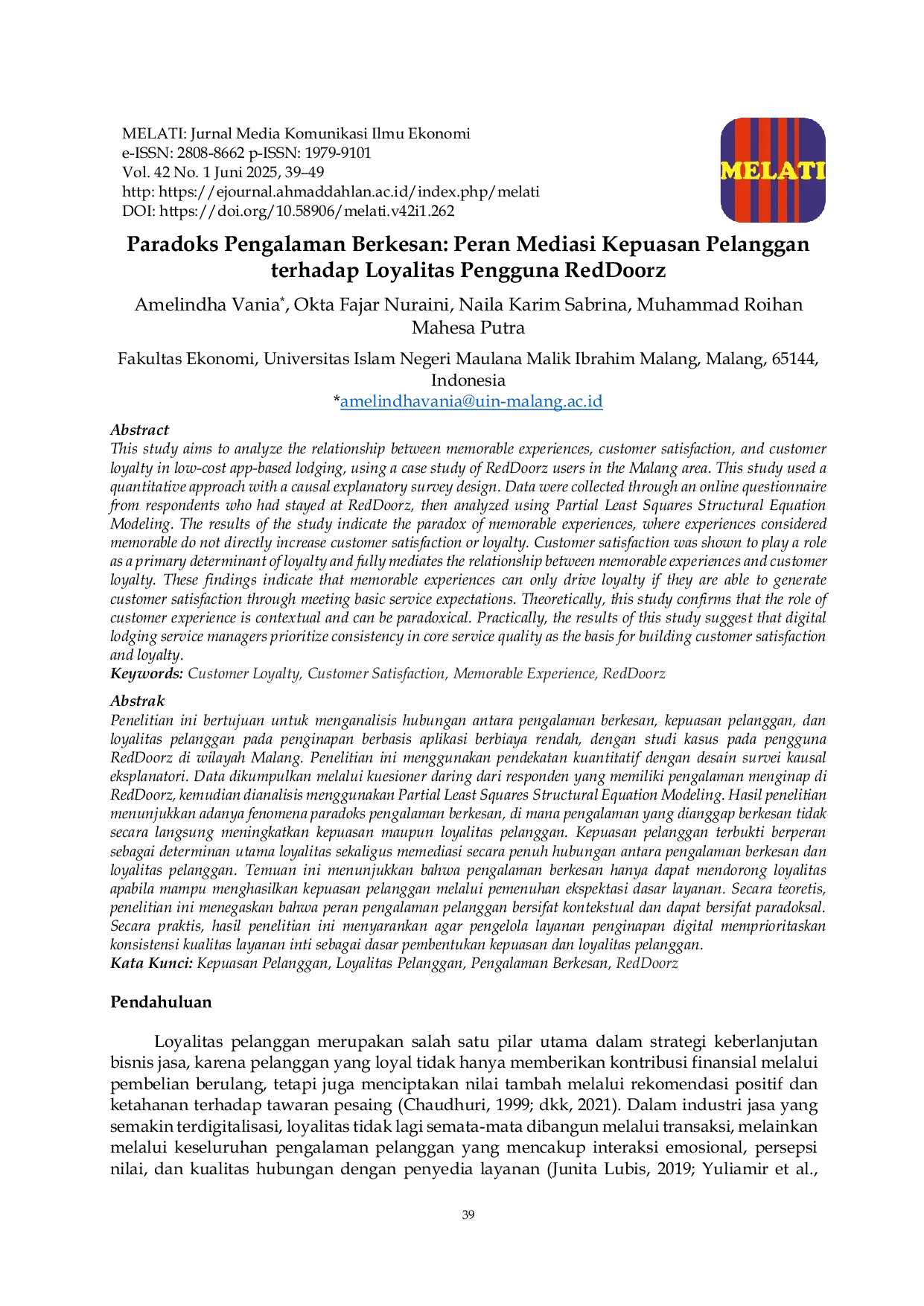 JURIS Paradoks Pengalaman Berkesan Peran Mediasi Kepuasan Pelanggan terhadap Loyalitas Pengguna RedDoorz