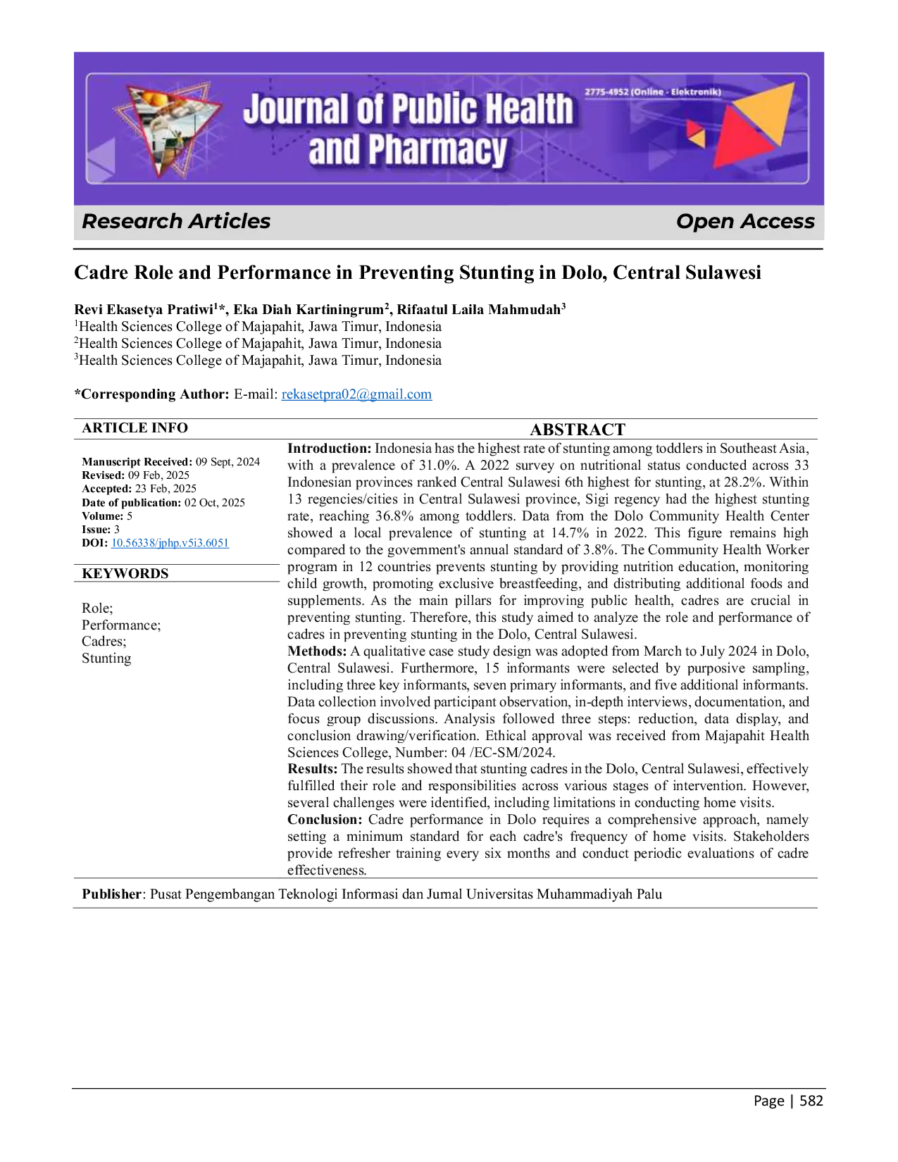 JURIS Peran dan Kinerja Kader dalam Pencegahan Stunting di Dolo Sulawesi Tengah