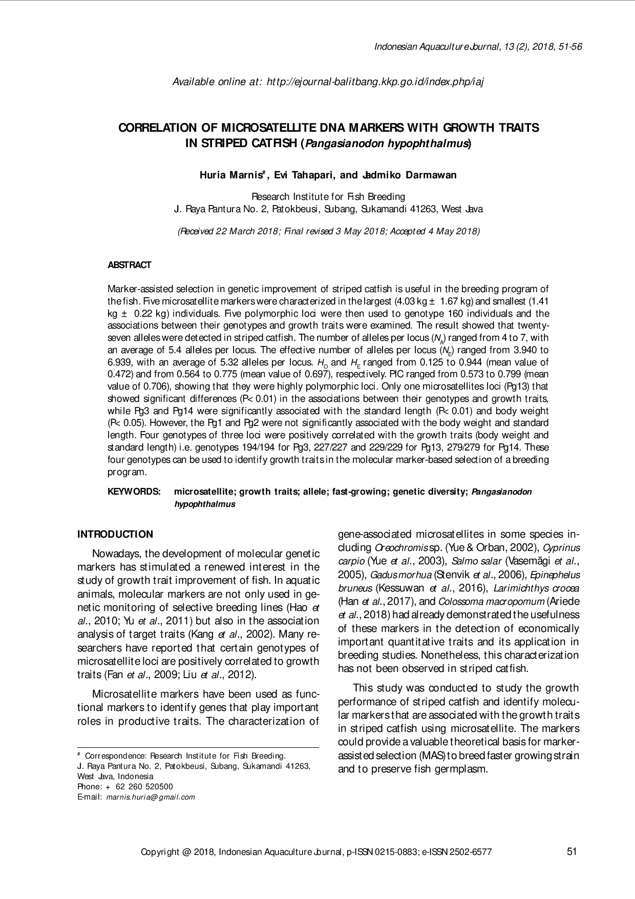 juris CORRELATION OF MICROSATELLITE DNA MARKERS WITH GROWTH TRAITS IN STRIPED CATFISH Pangasianodon hypophthalmus