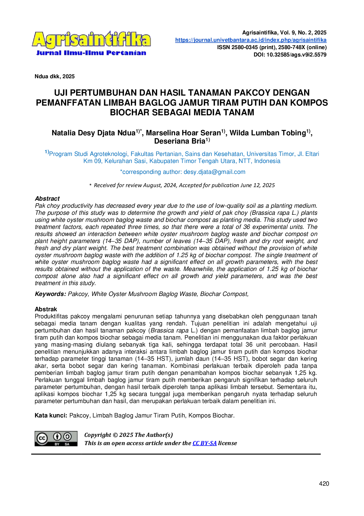 JURIS UJI PERTUMBUHAN DAN HASIL TANAMAN PAKCOY DENGAN PEMANFAATAN LIMBAH BAGLOG JAMUR TIRAM PUTIH DAN KOMPOS BIOCHAR SEBAGAI MEDIA TANAM